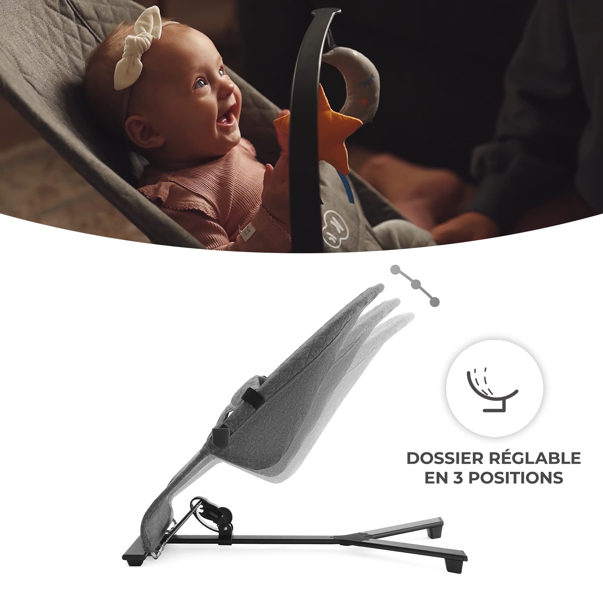 Kinderkraft MIMI Transat bébé, Balancelle de La Naissance à 9 Mois, Dossier réglable sur 3 niveaux, Pliable à plat, Facile à transporter, Arche avec jouets, Gris
