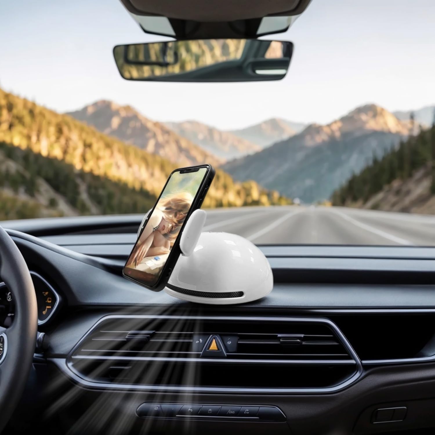 携帯電話ホルダー付きホワイト車用空気清浄機。スタイリッシュなデザインで空気を新鮮に保ち、運転手が安全に運転するのに最適です。スマート