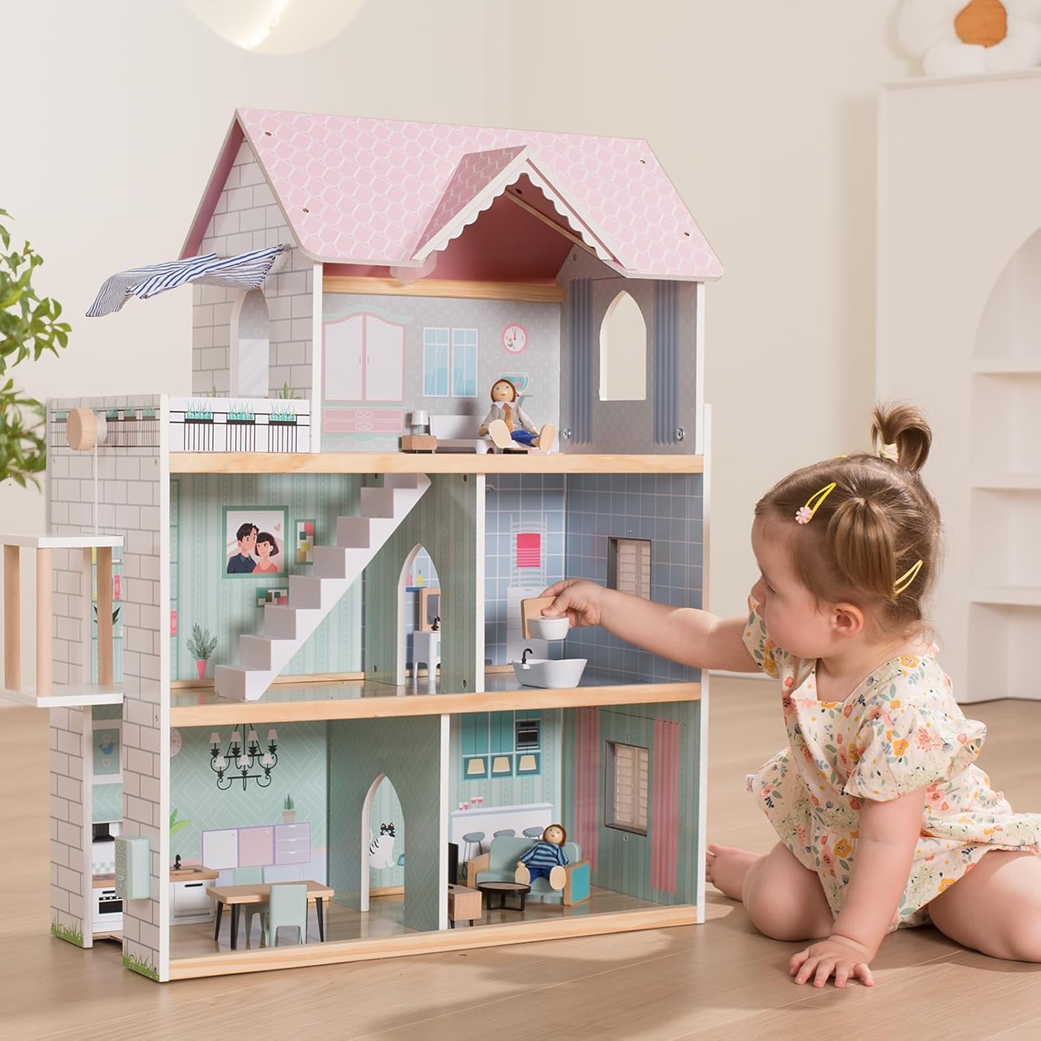 Giant bean Large Pink Wooden Dollhouse for Girls with Furniture