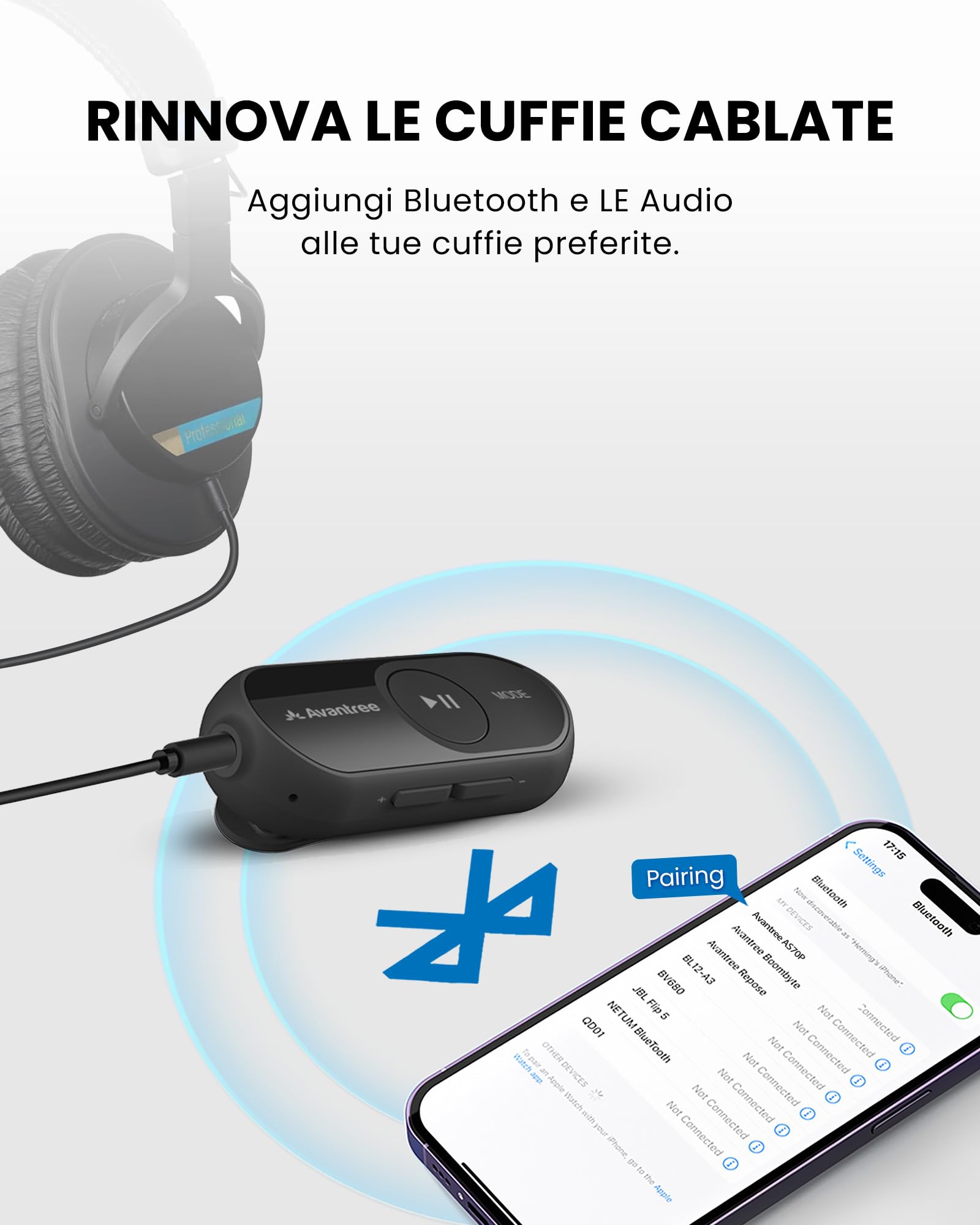Avantree AS70P – Ricevitore Auracast e Bluetooth 5.4 per Cuffie con LE Audio, Chip Qualcomm, aptX Adaptive, Ingresso AUX per Auricolari con Filo, Controllo App per Ascolto in Broadcast