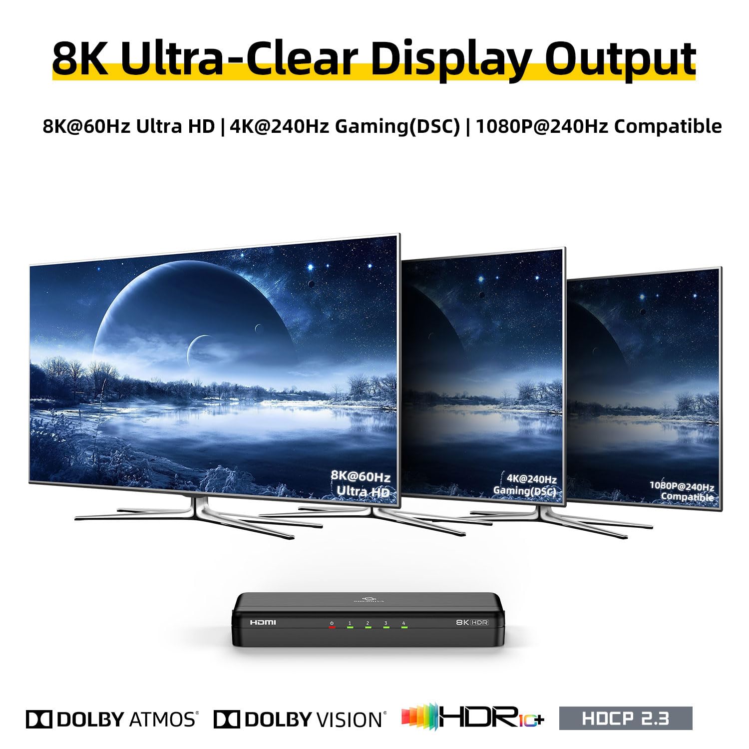 8K HDMI-Splitter 1 in 4 Ausgänge, 1 x 4 Duplikate/Spiegelbildschirme, HDMI 2.1, 8K@60Hz, 4K@240Hz (DSC), 4K@120Hz, automatische Deeskalation, 48Gbps, HDCP 2.3, kompatibel mit Xbox, PS5