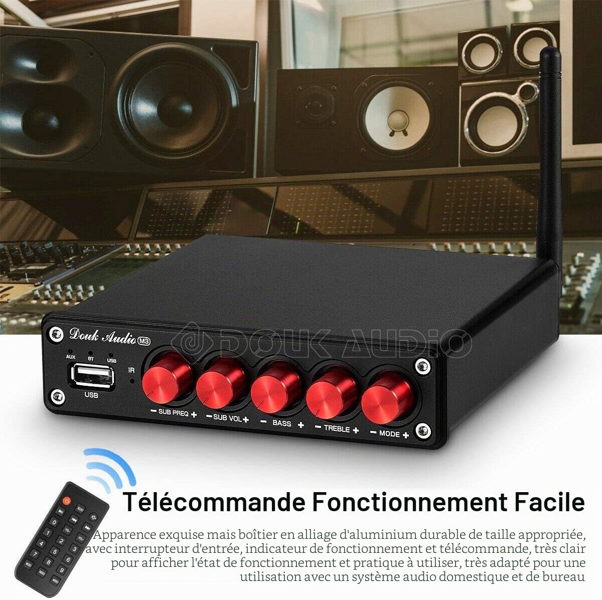 Douk Audio M3 Amplificateur audio stéréo Bluetooth 5.0 2.1 canaux Mini amplificateur Hi-Fi Classe D avec 50 W x 2 + 100 W pour la maison et l'extérieur Haut-parleur passif et caisson de basses actif