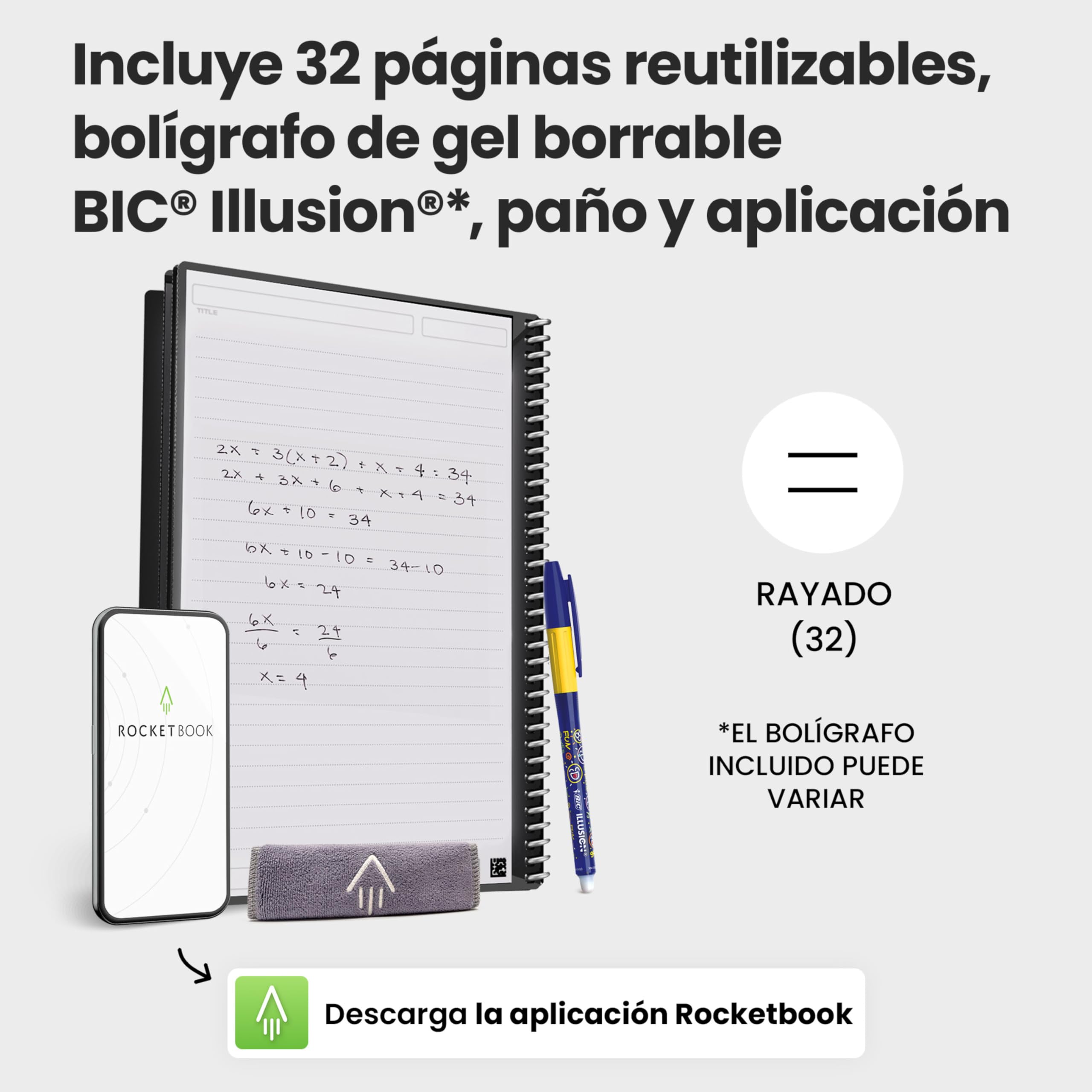Rocketbook Core Cuaderno Espiral Reutilizable, Tamaño A4 21 cm x 29,7 cm, Negro - Páginas de Rayas, Conexión a App, Borrable, Tapa Duradera, para el Colegio, el Trabajo y los Proyectos Creativos