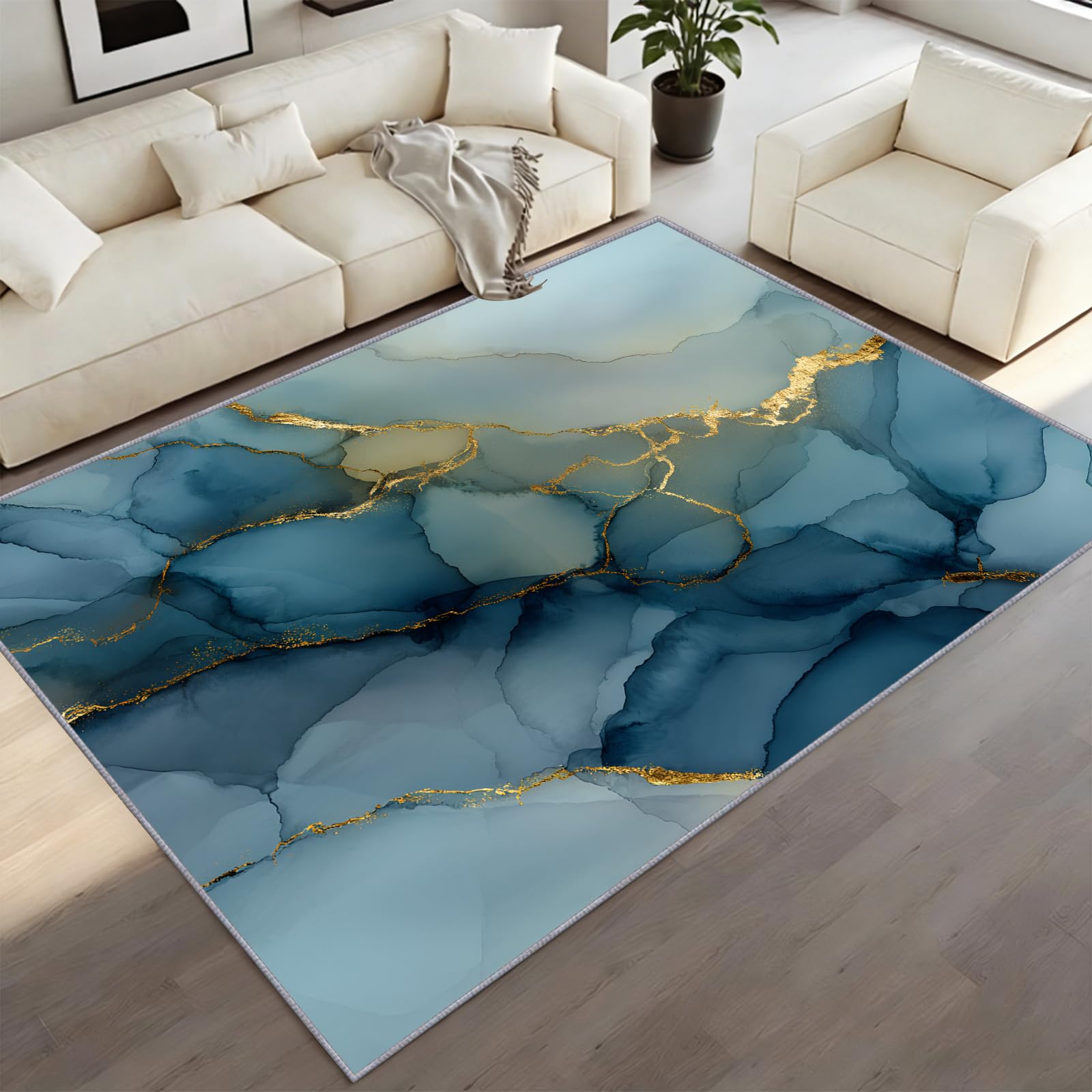 CAQDUEP Navy Blue Marble Rug 180x220cm Blue And Gold Marble Area Rug, Luxury Cracked Texture Rugs, Modern Ink Painting Abstract Carpet Washable Rugs For Living Room