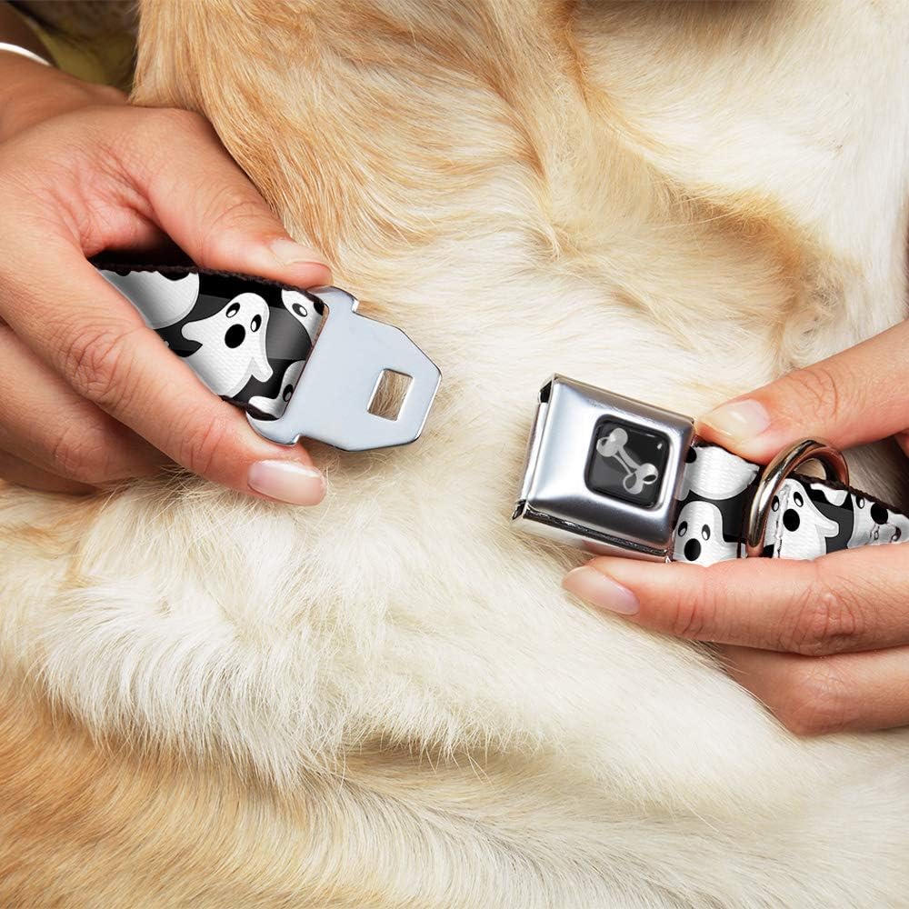 Dog Collar Seatbelt Buckle Ghosts Scattered Black White 13 to 18 Inches 1.5 Inch Wide