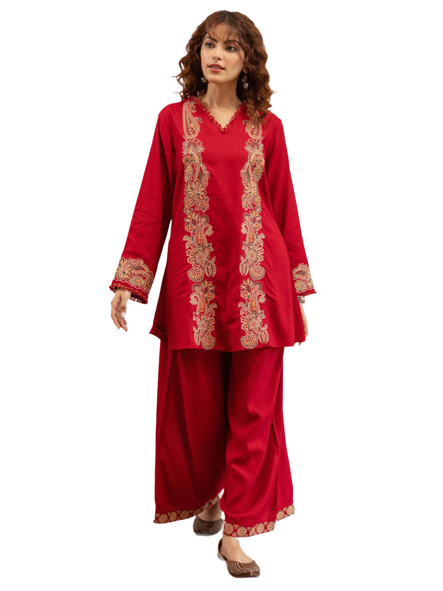 indo era Women's Viscose Rayon Ethnic Motifs Embroidered A-Line Kurta & Palazzo Set (IEOUT12057)-picture-19
