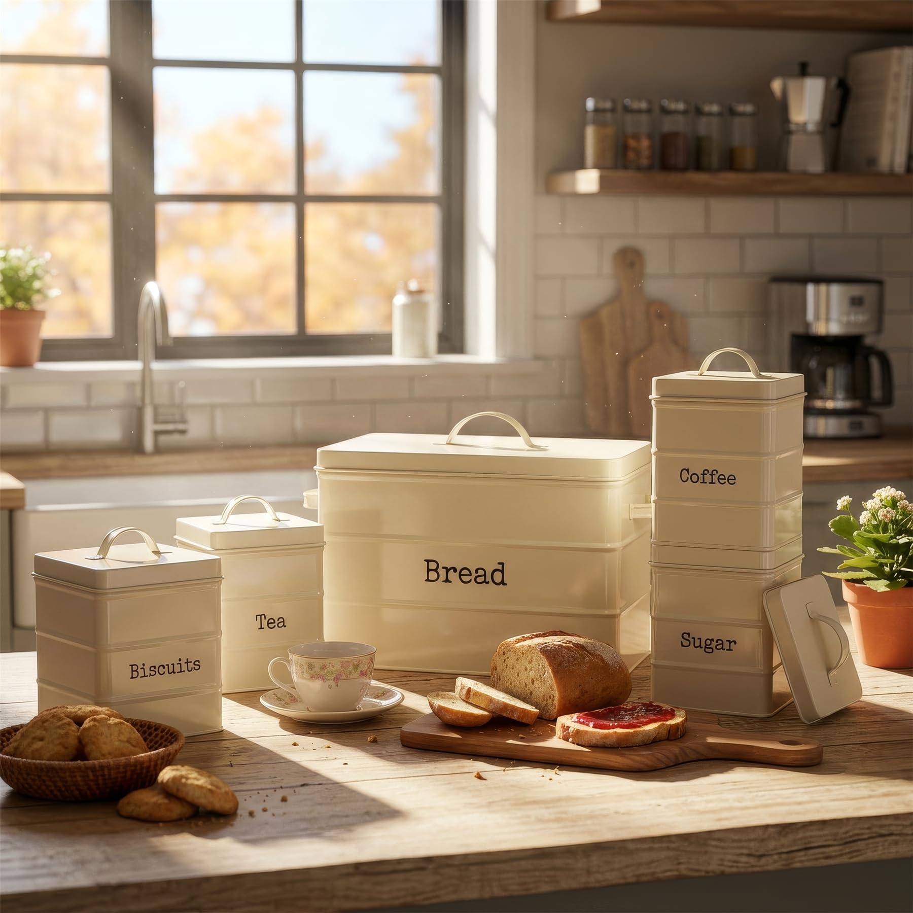Harbour Housewares Küchenkanister-Set aus Metall - Creme - 5-teiliges Set - Vintage-Aufbewahrungsbehälter für losen Teebohnen, Kristallzucker, Keksdose, Caddy, Brotkasten, Aufbewahrung mit luftdichtem