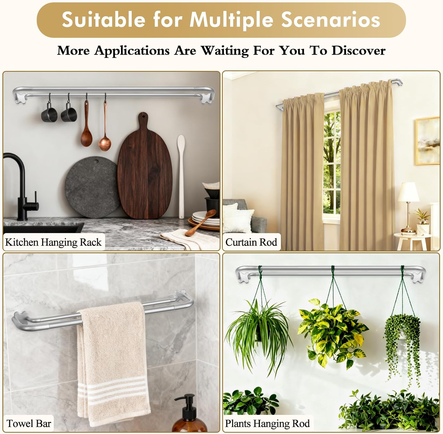 Antique Silver Wrap Around Double Curtain Rods 32 to 58 and 2 Pack Curtain Holdbacks with Silver Translucent Finials(Bundles)