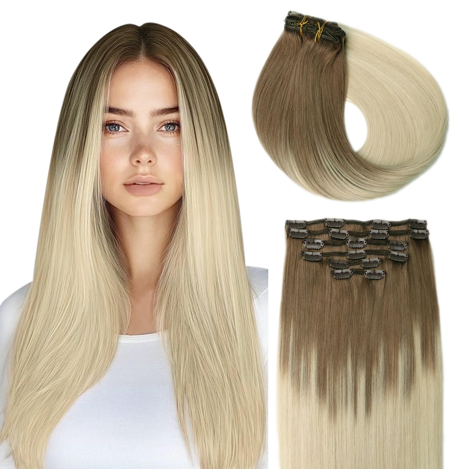 SURNEL Extensiones Clip Pelo Natural 100g 40cm 6 Piezas Rubio Platino Claro Extensiones De Clip De Humano Real Extensiones Pelo Remy Natural (C#60-40cm) — view 19