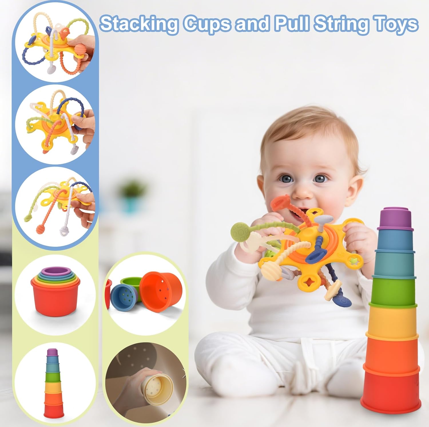 Montessori Toy for Baby 6 Month Old,Baby Toy 6-9-12 Months,6 in 1 Montessori Sensory Toy for 1 Year Old,Stacking Blocks Cups,Pull String,Tissue Box Toy for Toddlers Birthday Halloween