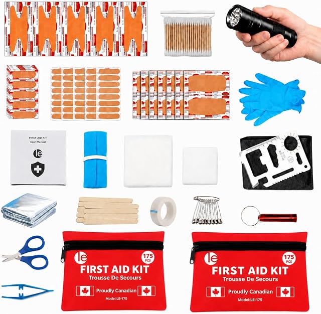 LEAL- 2 Pack (2 kits) Mini First Aid Kit & Survival kit - 175 Pieces for Car, Camping, Hiking, Sports, first aid, Ready to Go items to keep you prepared, fits in glove box & your bag.