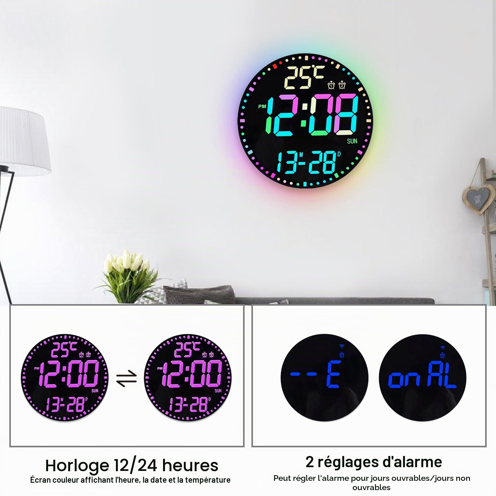 SUNOYA Horloge murale numérique, 30,5 cm, avec veilleuse, alarme, télécommande, 12 couleurs RVB, horloge LED, luminosité automatique, affichage de la température, horloge numérique pour chambre à
