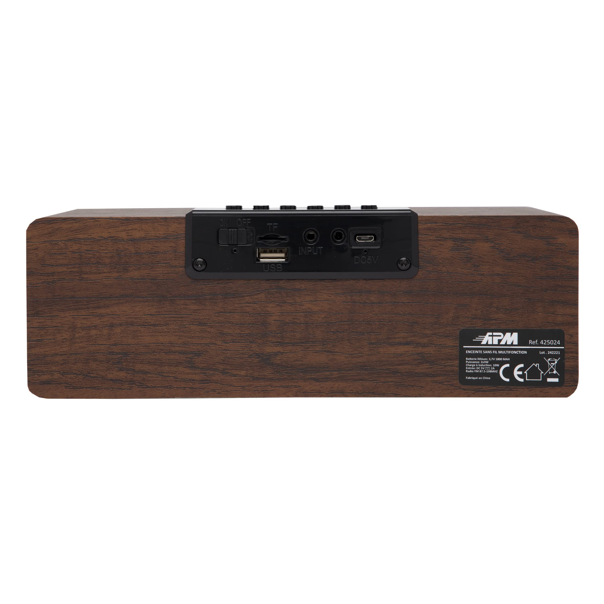 APM Enceinte Bluetooth Réveil Bois avec Radio FM, Chargement sans Fil Induction pour Smartphone,Port de Charge USB, Luminosité Réglable, Réveil Numérique Affichage LED, 425024