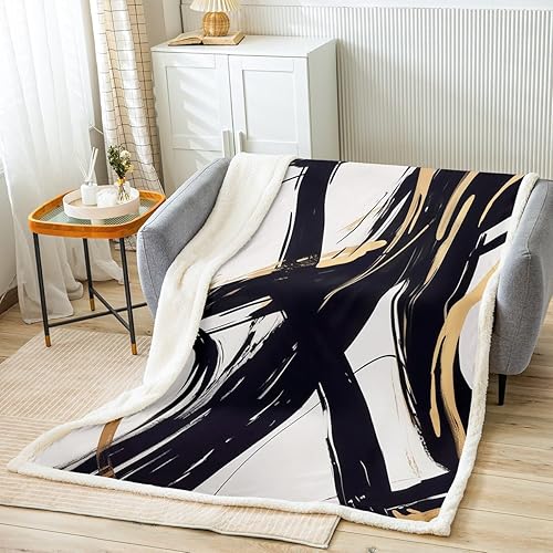 Feelyou Black Gold Abstract Art Line Fleece Throw Blanket Modern Geometric Sherp