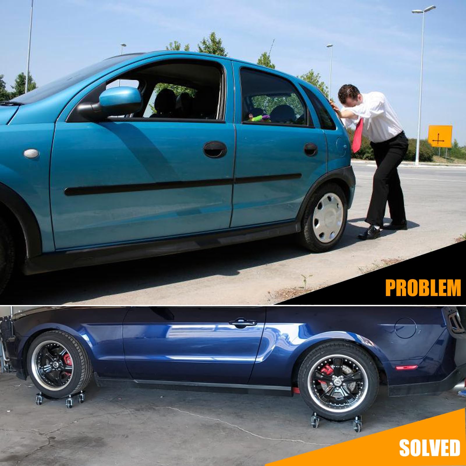 Set mit 4 Autoreifen-Rollen, Möbelheber – strapazierfähig, unter dem Fahrzeug, Reifen, Rollschuhe, Motorrad-Wagenheber und Umzugswagen mit Rädern, 2721 kg Kapazität, Schwarz (Silber, 2 Rollwagen)