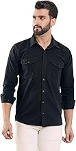Mens Cargo Shirt with Dual Pockets Cotton Regular Fit Solid Full Sleeves Cutaway Collar.