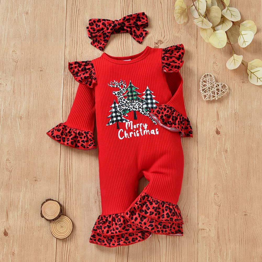 FIOMVA Newborn Baby Girl Christams Outfit Long Sleeve Romper Bodysuit Ruffle Jumpsuit Overall Playsuit Headband 0-24M (Xmas Tree-Red,0-3 Months)