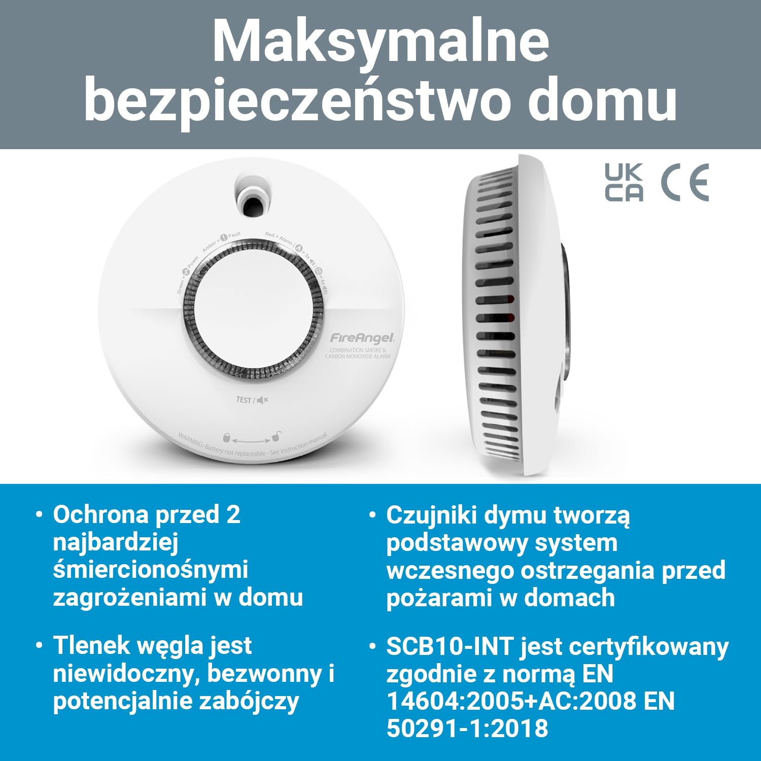 Fire Angel SCB10-INT Czujnik Czadu i Zadymienia Domu – Podwójny Czujnik Dymu i Czadu na Połączone Detektor Dymu i Detektor Tlenku Węgla – Biały