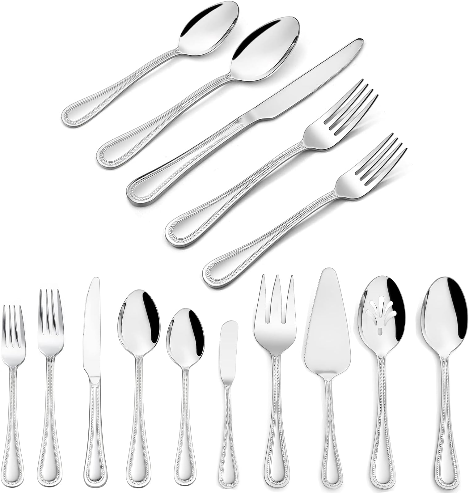 HaWare 65-Piece Silverware Set with Serving Utensils, Stainless Steel Flatware Service for 12, Pearled Edge Tableware Cutlery for Home Restaurant Party, Mirror Polished, Dishwasher Safe