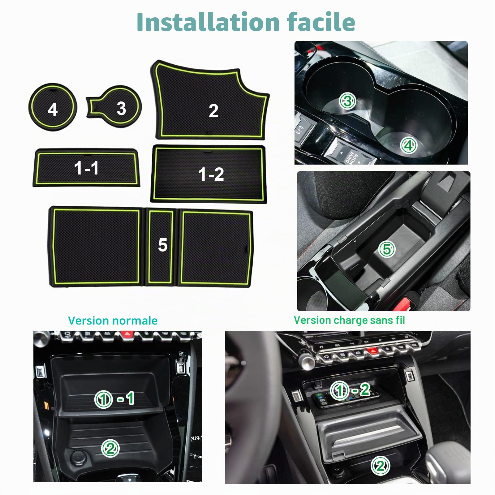 GAFAT Peugeot 208 e-208/ Peugeot 2008 e-2008 2020-2024 2025 Tapis Antidérapants, Peugeot 2008 2023 Restyling Console Centrale Accoudoir en Caoutchouc, Porte-Gobelets, Couture de Porte (Jaune-Vert 1)