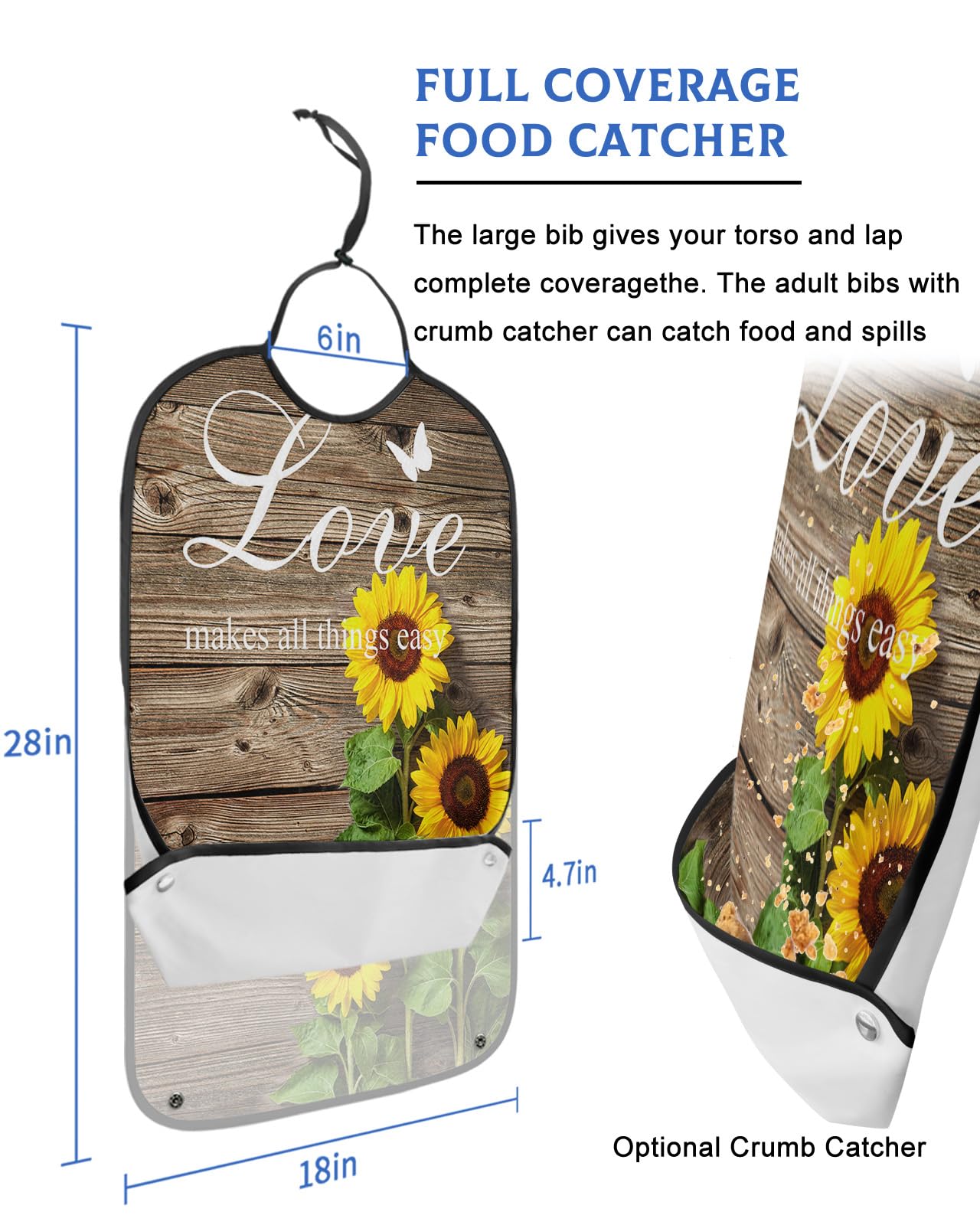 LEOKOTI Rustic Floral Adult Bibs for Eating, Waterproof Bibs with Food Catcher & Adjustable Snap Closure, Sunflowers Butterfly Retro Wood Washable Clothing Protectors Adult Bibs for Elderly Women/Men