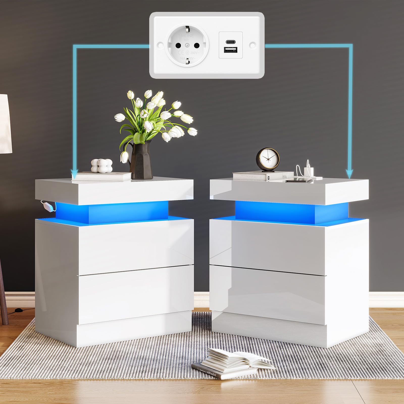 LUXOAK Juego de 2 mesitas de noche brillantes con LED y estación de carga, modernos armarios de noche con 2 cajones, mesa auxiliar blanca para dormitorio y salón, 58 x 40 x 35 cm