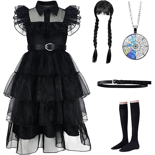 Wednesday Addams Costume Girls Dress, Wednesday Kids Addams Family Costumes Dress With Wig and Necklace
