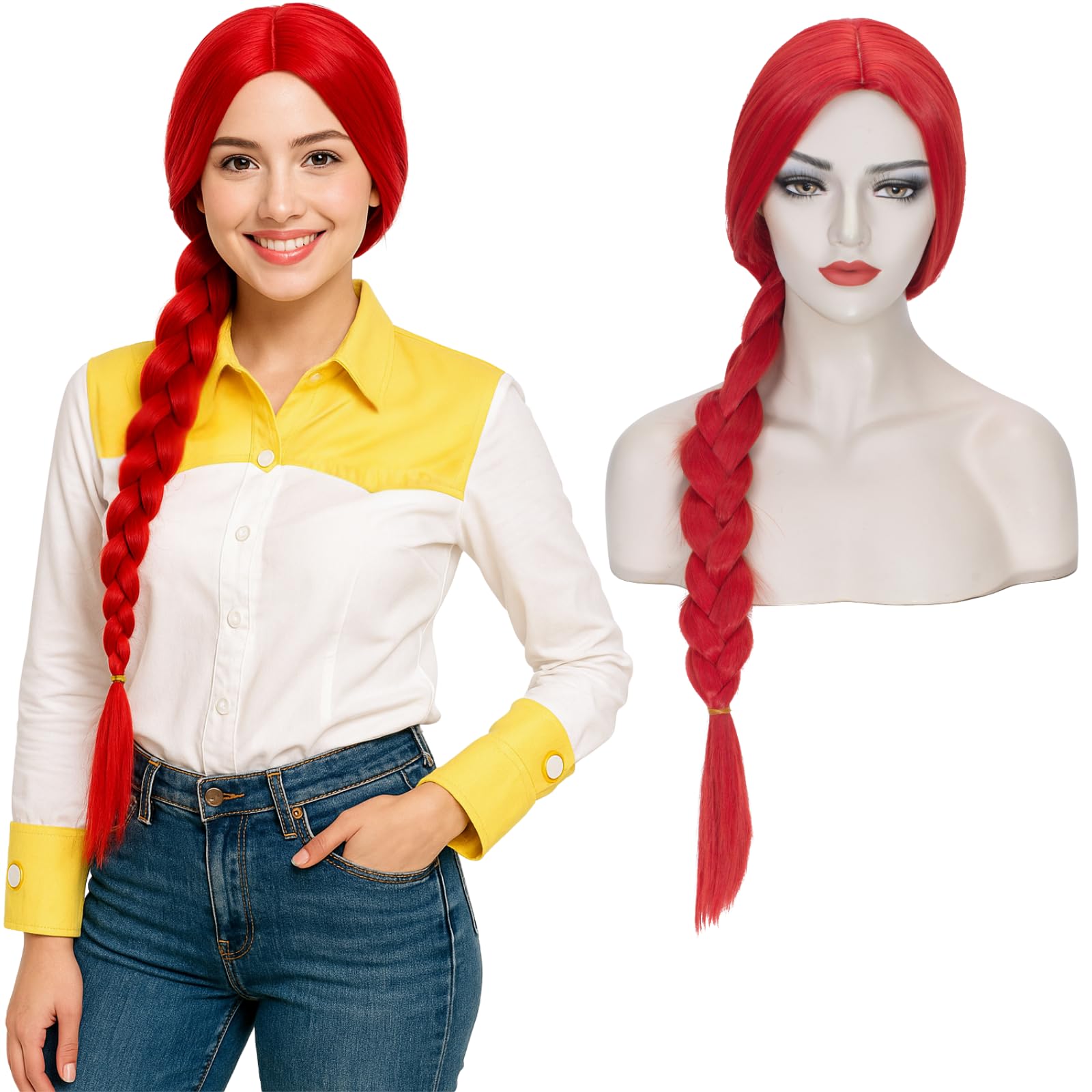 Long Red Wig with Braids for Women Cowgirl Cosplay Costume Braided Wig Straight Middle Part No Bangs Heat Resistant Hot Red Wig Halloween Party with