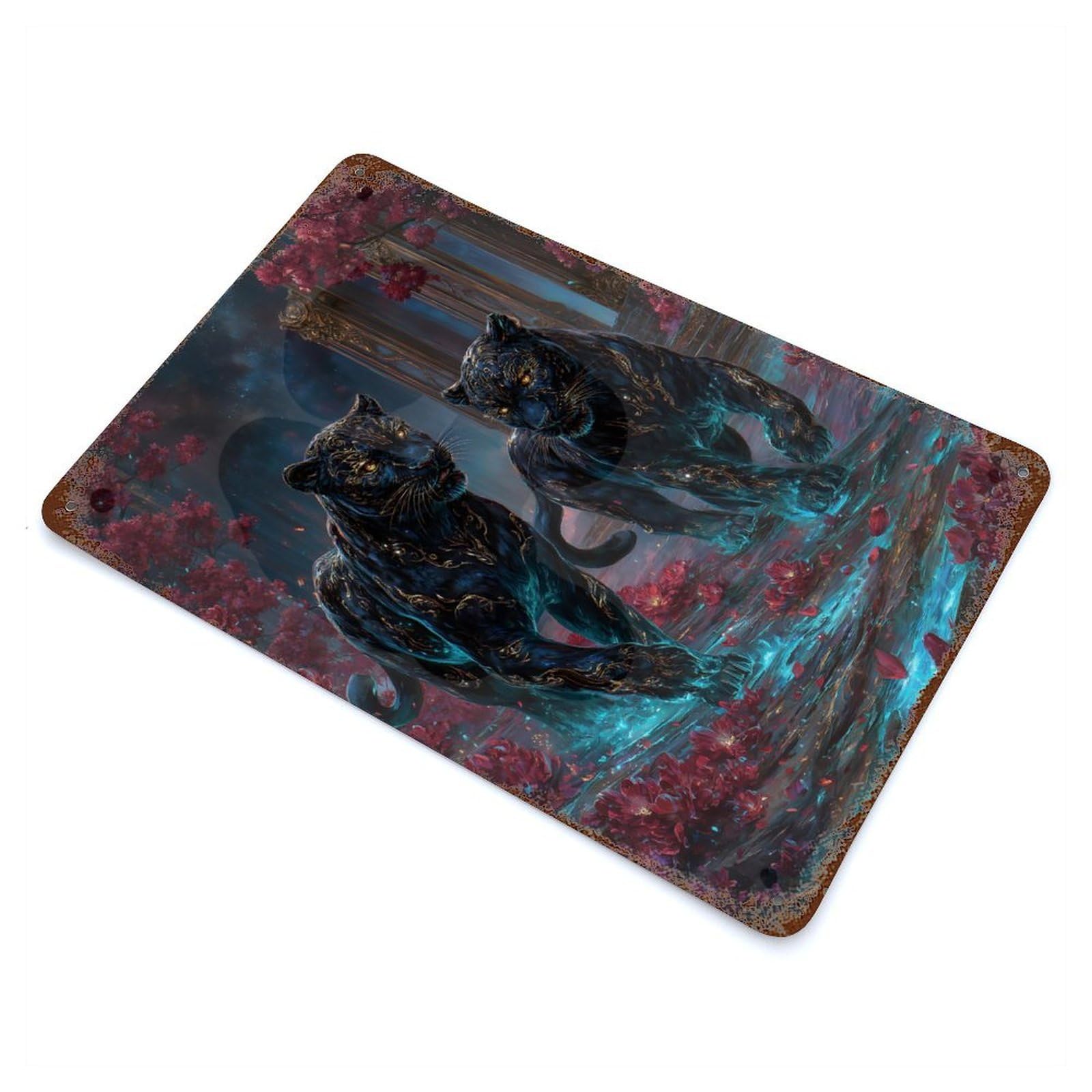 Two Black Panthers in Floral Landscape Rusty Metal Tin Sign 11.8"x7.9", Ideal for Farmhouse, Kitchen And Entryway Decor