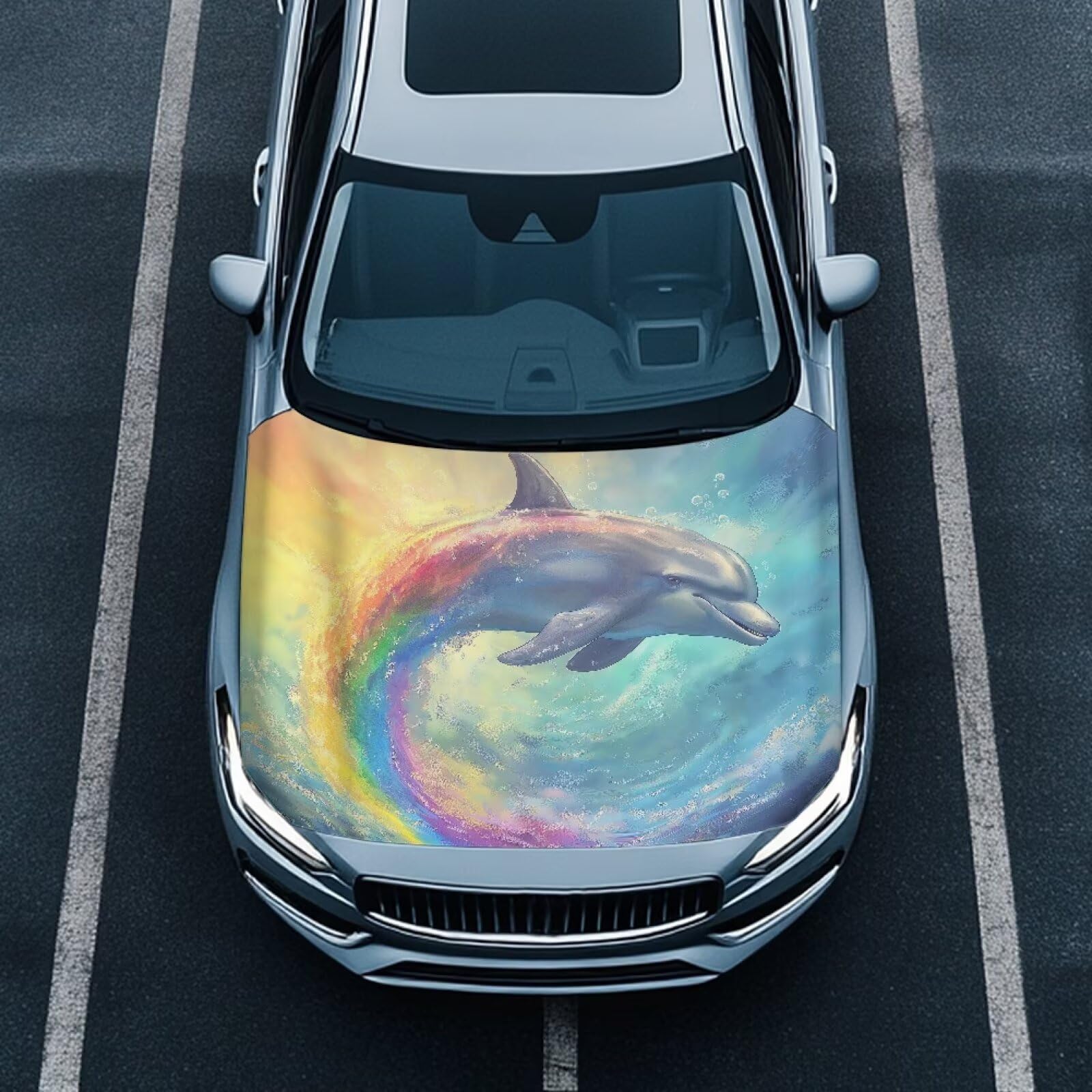 Ocean Dolphin Car Hood Cover Can be Washed, Stretchable Polyester Rainbow Underwater Dolphin Car Bonnet All-Season Protection, Ocean Creature Auto Decor Protector