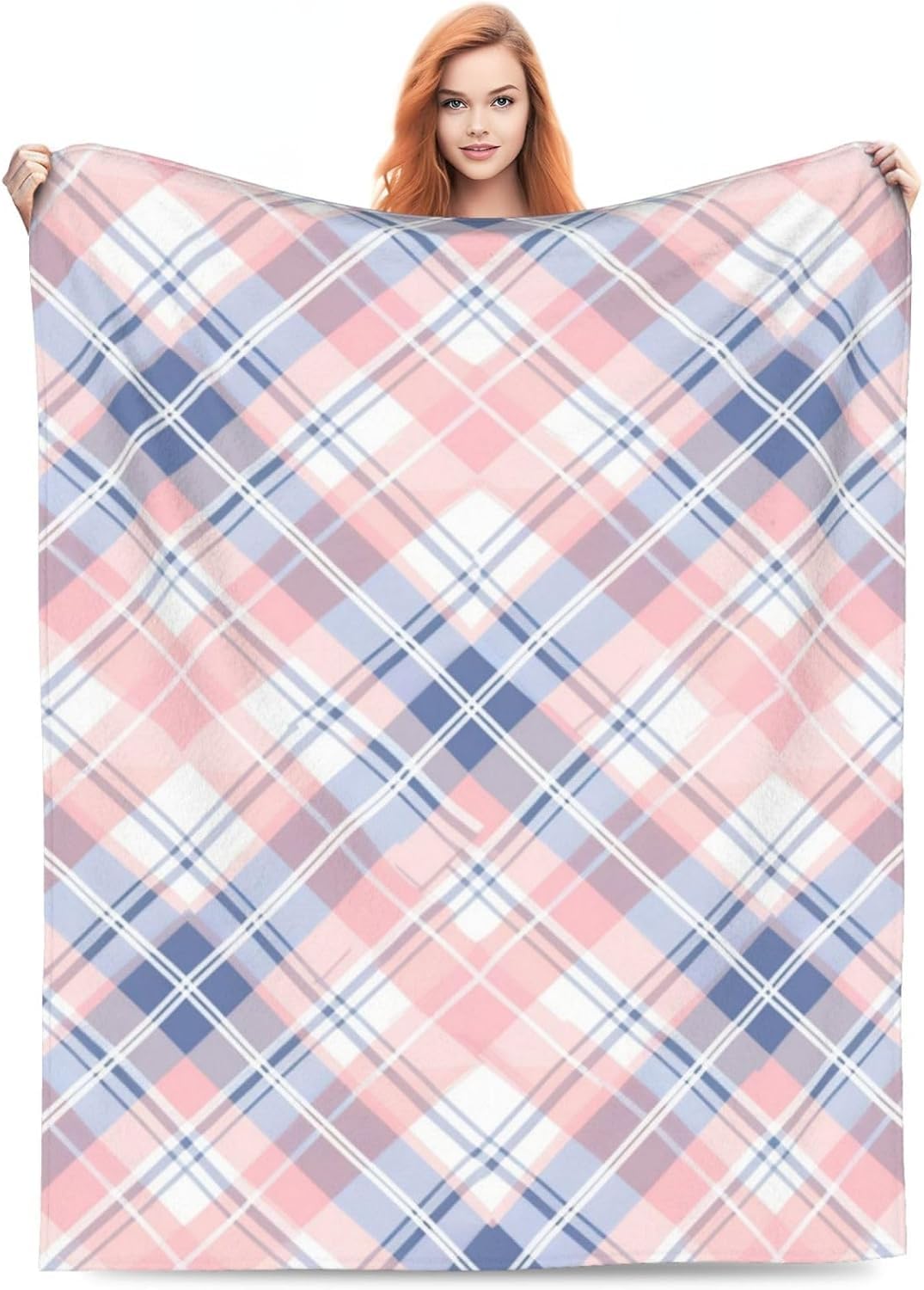 Manta Cuadros Geométricos 220x240 cm Manta Polar de Franela Rosa y Azul para Sofa y Cama, Mantas Ligeras, Caliente y Transpirable, Todas Las Estaciones A-0960