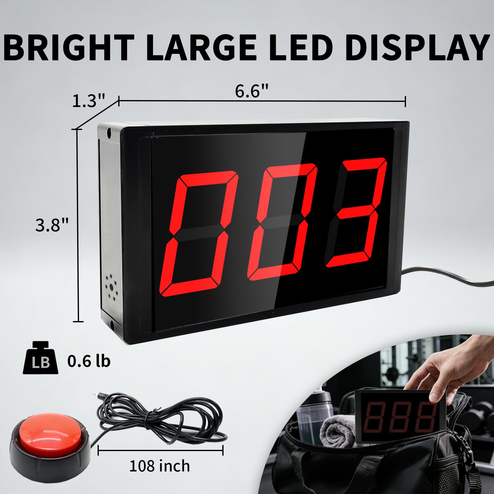 Compteur numérique avec bouton poussoir, grand écran LED de 5,8 cm, compteur de tours électronique portable pour natation, marche, sport (3 chiffres)