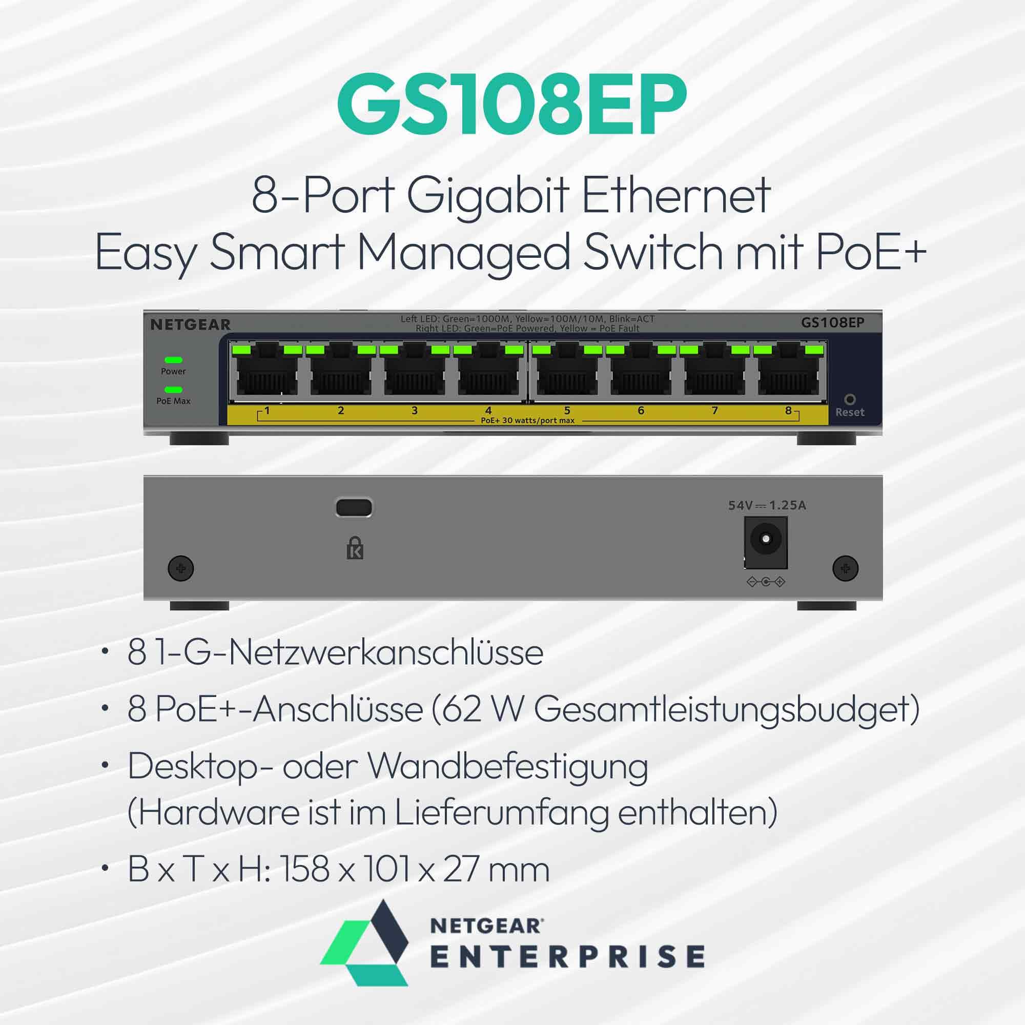 NETGEAR 8-Port Gigabit Ethernet PoE+ Easy Smart Managed Switch – mit 8 PoE+-Anschlüssen mit 62 W, lüfterlos, Desktop oder Wandbefestigung (GS108EP)