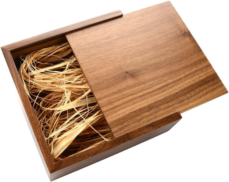 Walnut Wooden 4x6 Photo Box - Single Item - Holds up to 120 Prints - Filled with Raffia Grass