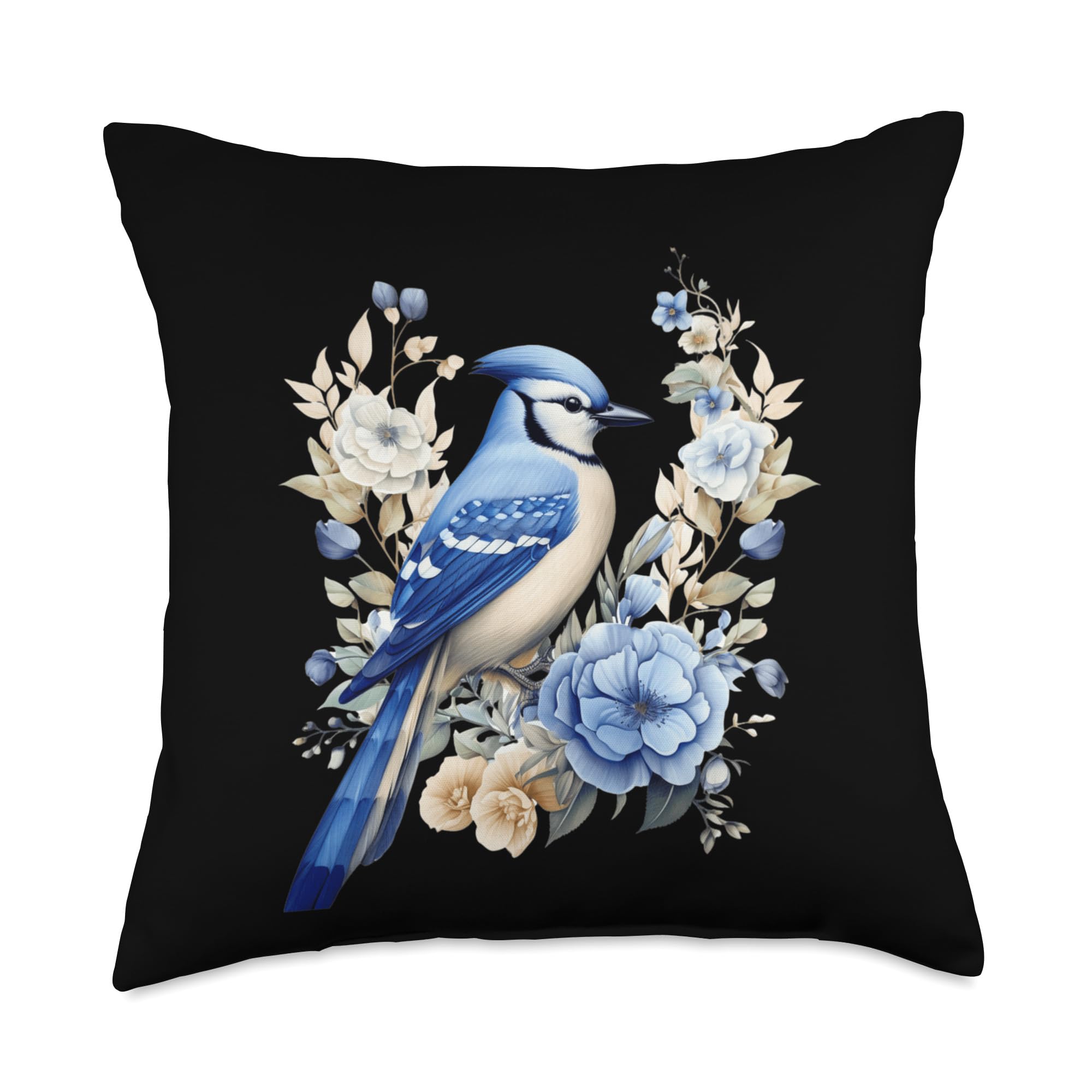 Cottagecore Flowers Blue Jay Birdlover Birdwatcher Throw Pillow