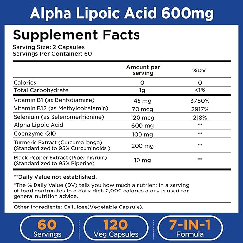 Miniatura 7 de Ácido alfa lipoico 600 mg ALA Suplemento antioxidante para nervios, energía y apoyo al metabolismo, vegano 120 cápsulas (S)