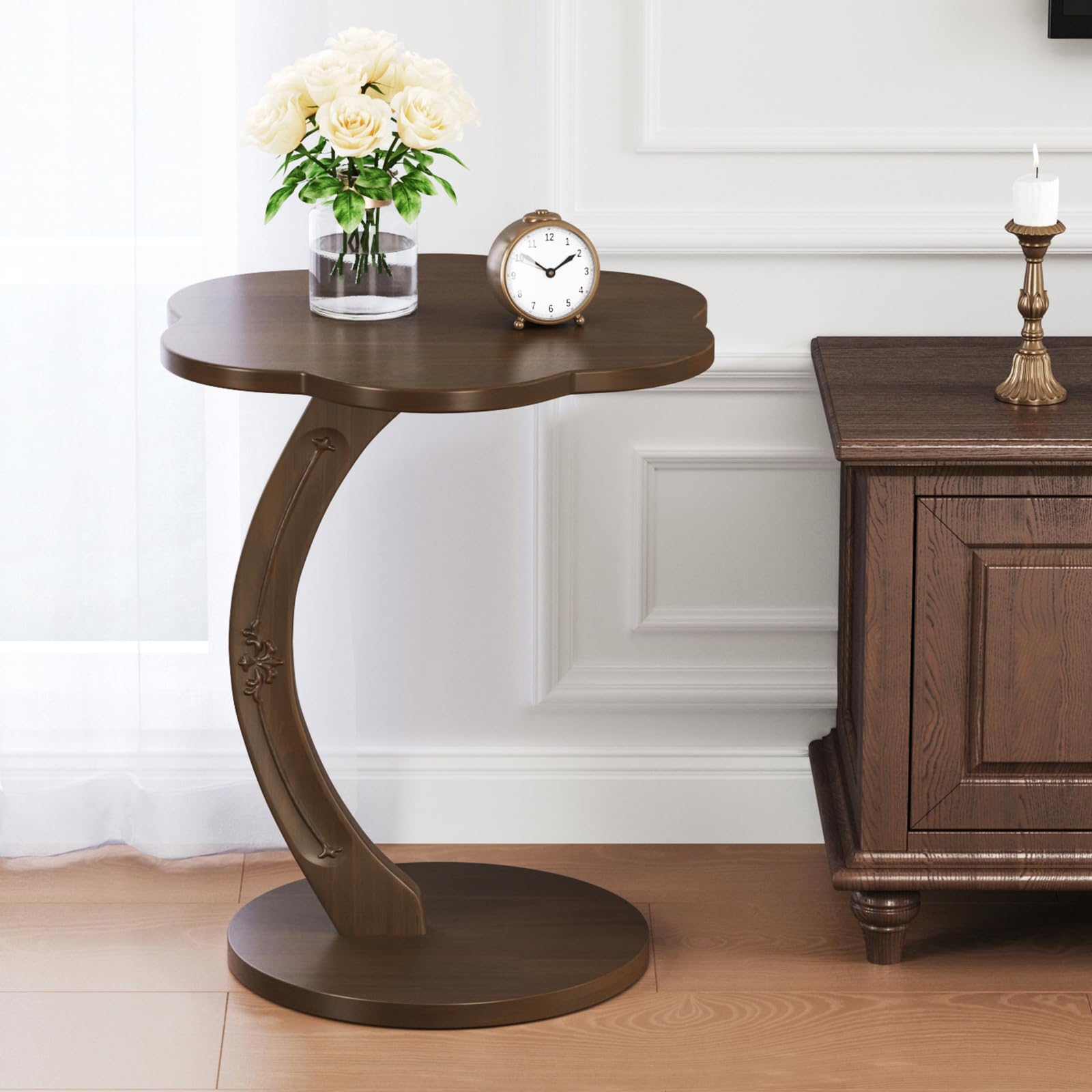 Uniclinens C-Shaped Solid Wood Round End Table - Side Table for Couch, Sofa Tables Slide Under Couch for Living Room, Small Nightstand for Small Space, Dark Walnut