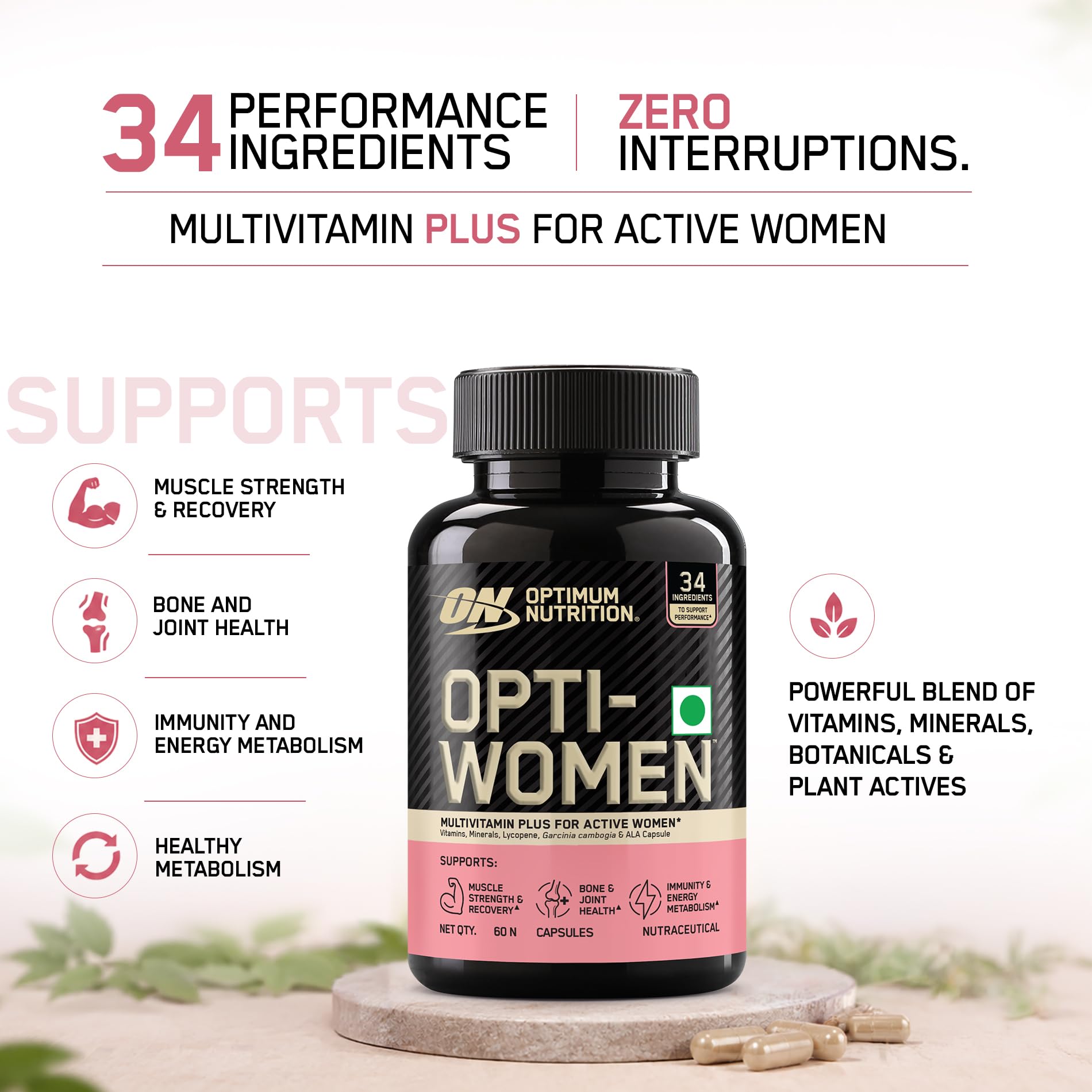 Optimum Nutrition (ON) Opti-Women Multivitamin Plus For Women | 60 capsules | 34 Performance Ingredients | Supports : Muscle Strength & Recovery, Joint & Bone Health, Overall Immunity & Energy, Healthy Metabolism | Designed in USA — Amazon image 2