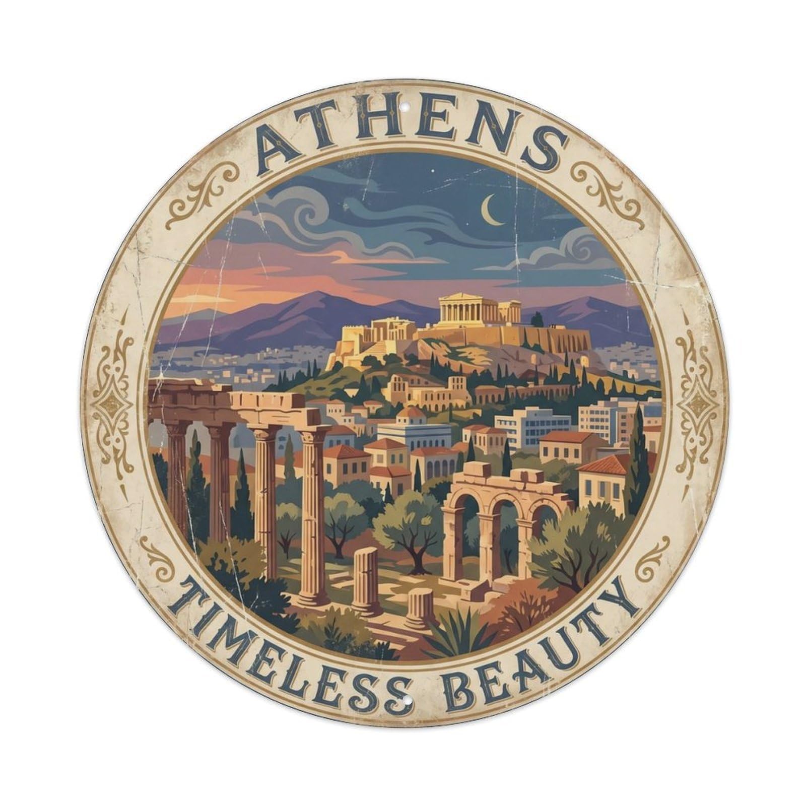 Vintage Travel Acropolis Athens Cityscape Vintage Metal Tin Sign Plaque Wall Decor for Cafe, Club, Garden Round Metal Poster 8x8Inch