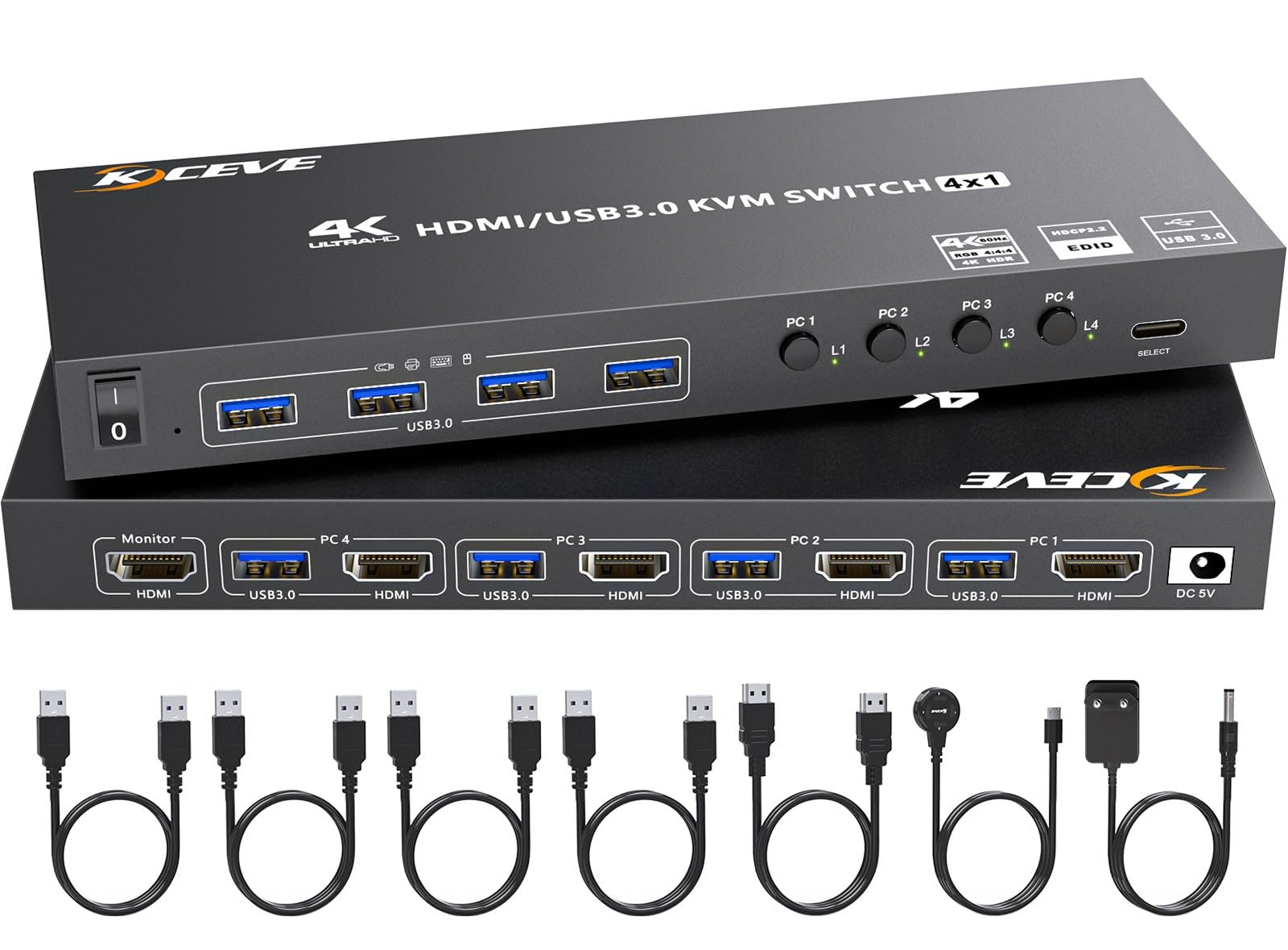 4 Poort HDMI KVM Switch 4 Komputery 4K@60Hz Simulacja EDID, 4 PC KVM Switch 1 Monitor z 4 portami USB 3.0 dla drukarki klawiaturowej i myszy, z kontrolerem zasilaniem 12V i 4 kablami USB