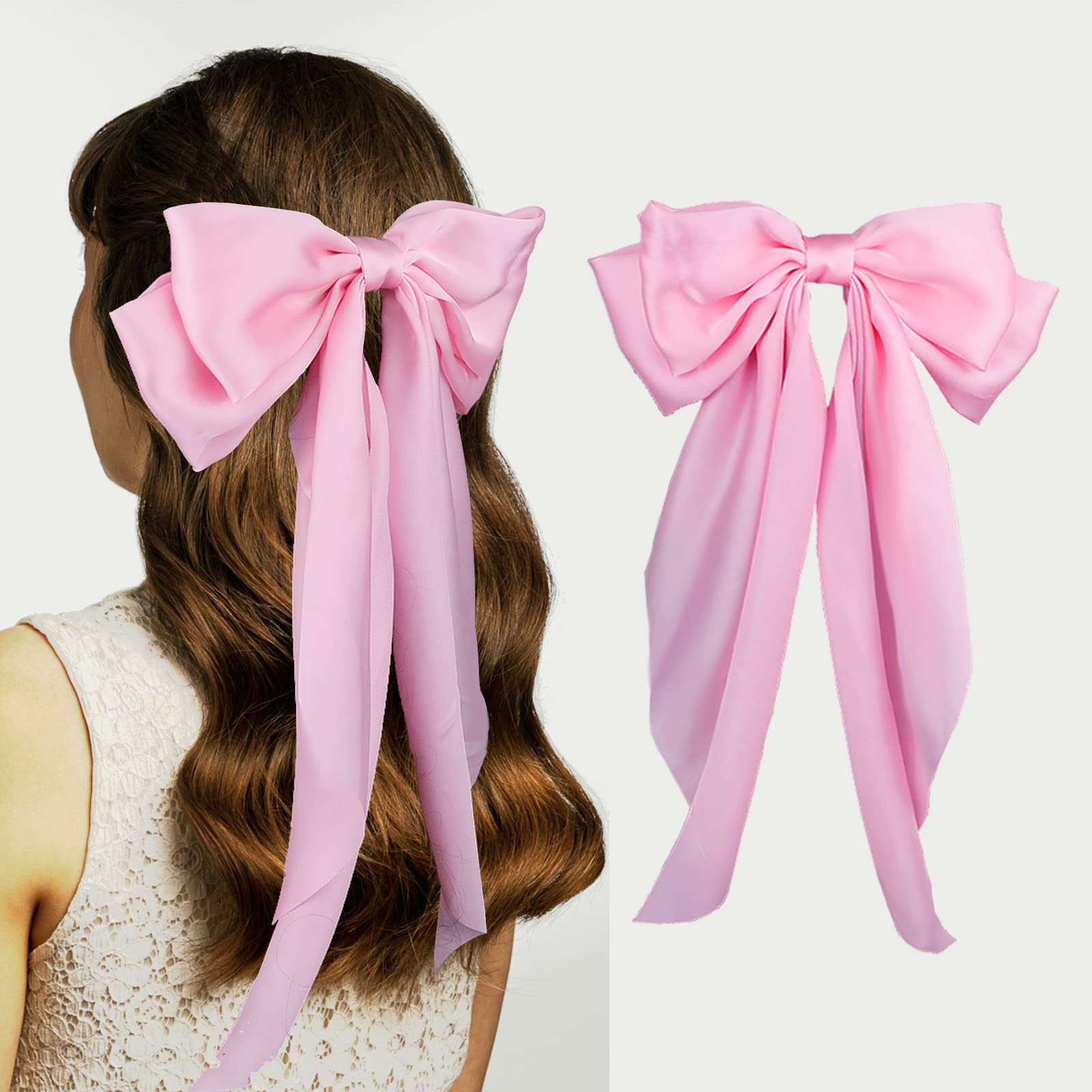 Grandi fiocchi per capelli in raso a strati con fiocco lungo con coda lunga, accessori per capelli in stile francese, per donne e ragazze, 5 colori