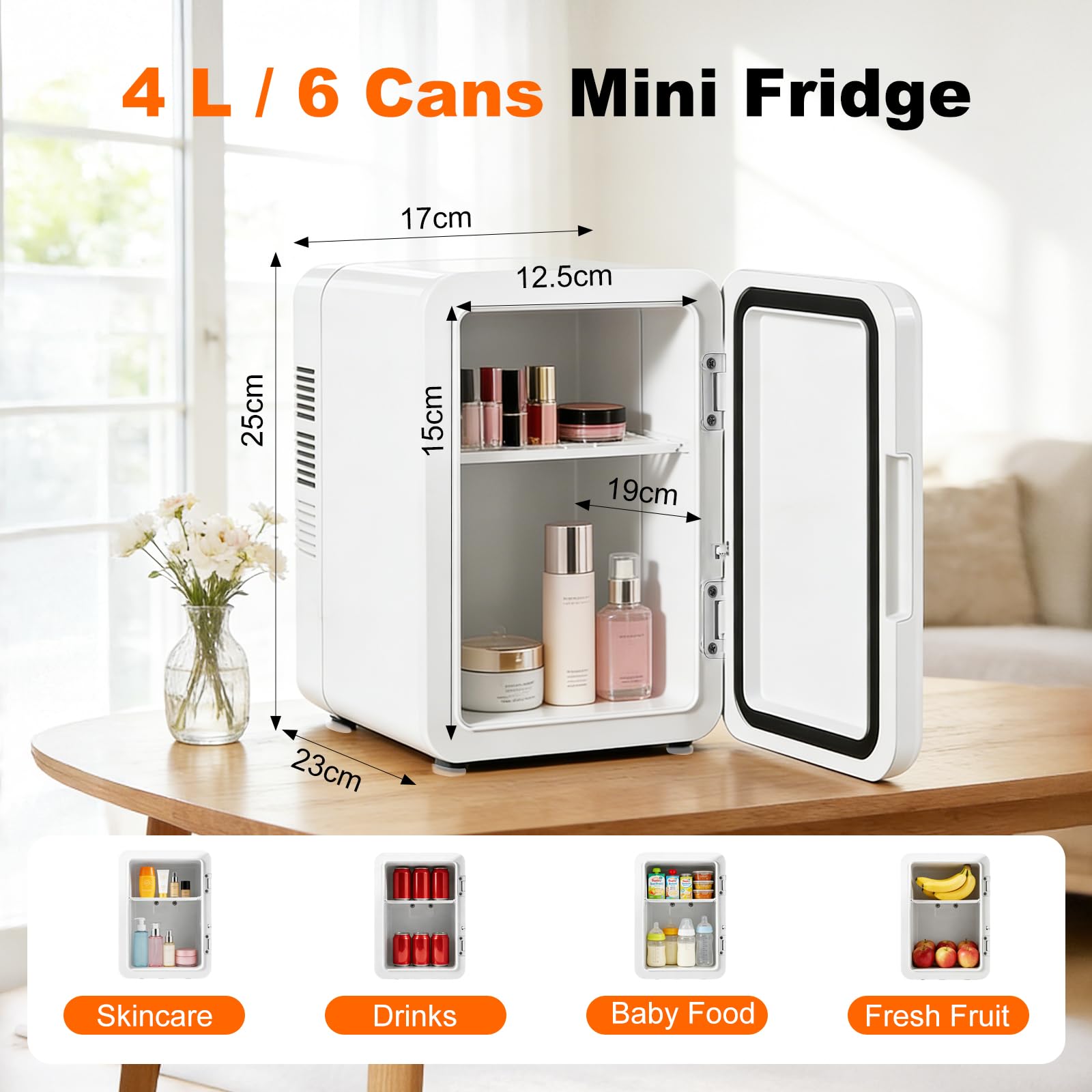 Mini réfrigérateur 4 litres/6 canettes, refroidissement et chauffage, 220 V CA/12 V CC, thermoélectrique, mode ECO à faible bruit de 25 dB, pour chambre à coucher, voiture, dortoir, bureau