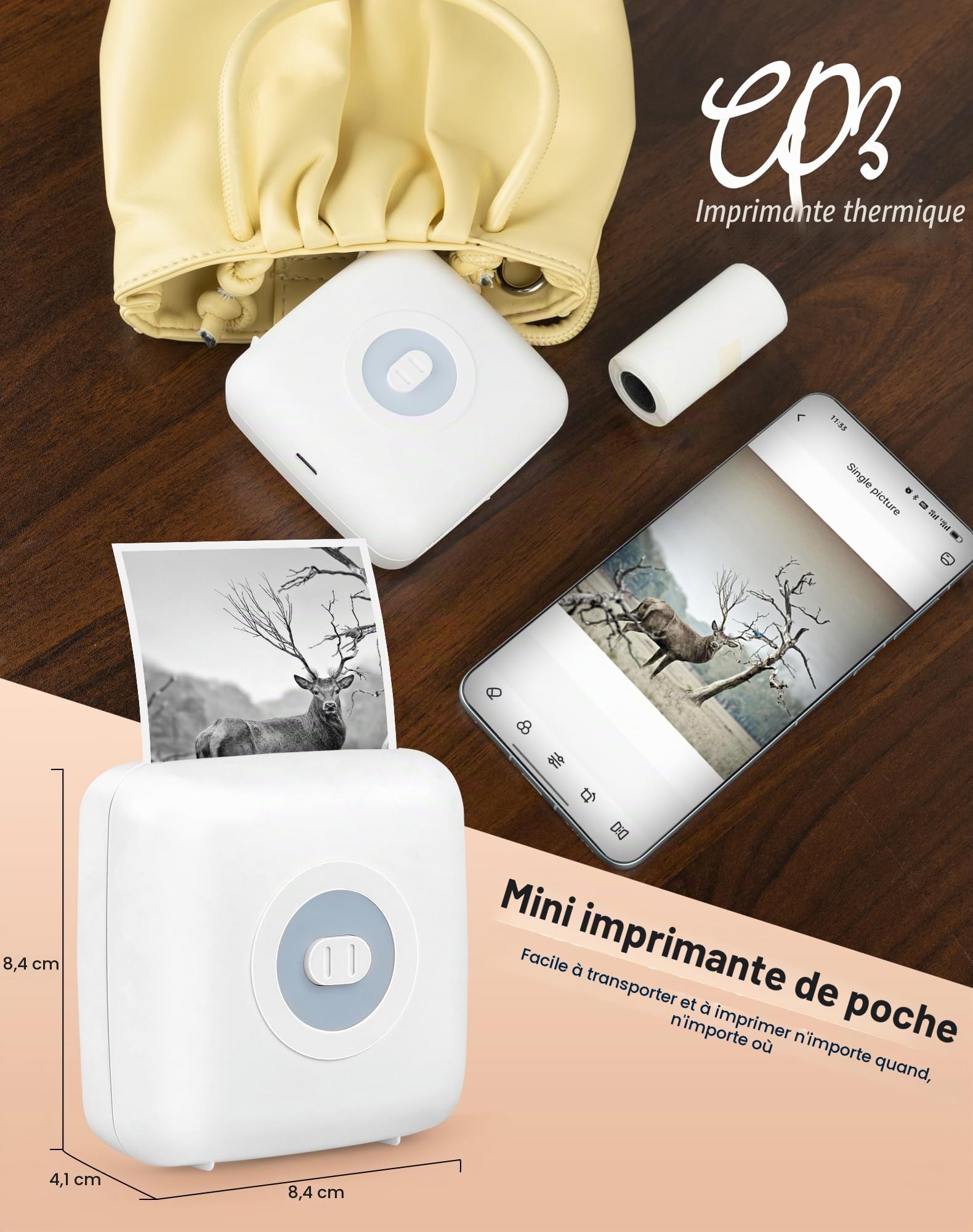 CP3 Mini imprimante, thermique, étiqueteuse Bluetooth de poche, mini imprimante d'étiquettes thermiques pour Noël, compatible avec Android et iOS, blanc