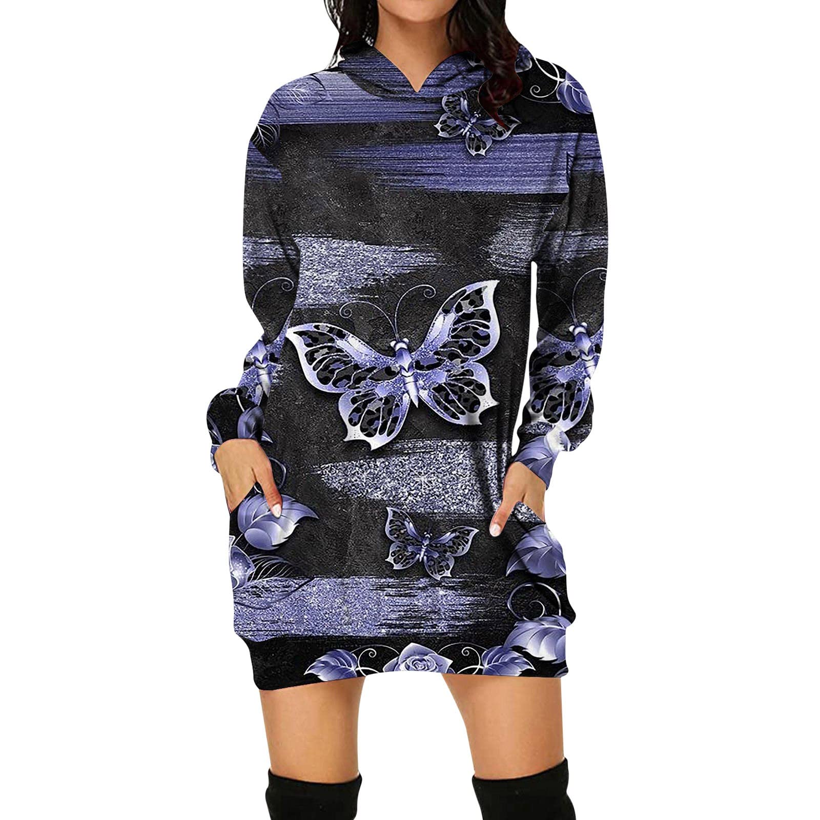 Damska Sukienka Maxi 2026 Casual Bluzy Kapturem Nadrukiem Długim Rękawem Tunika Bluza Oversize Gładkimi Sukienkami Damskimi
