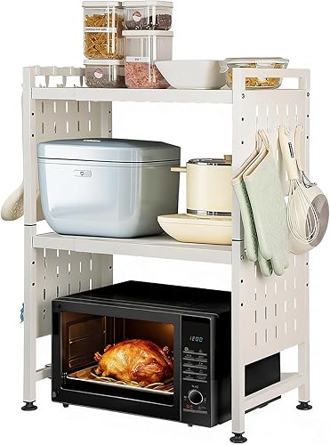 Soporte extensible para microondas, 3 niveles resistente sobre microondas con 4 ganchos, estante de metal ajustable para horno de microondas de