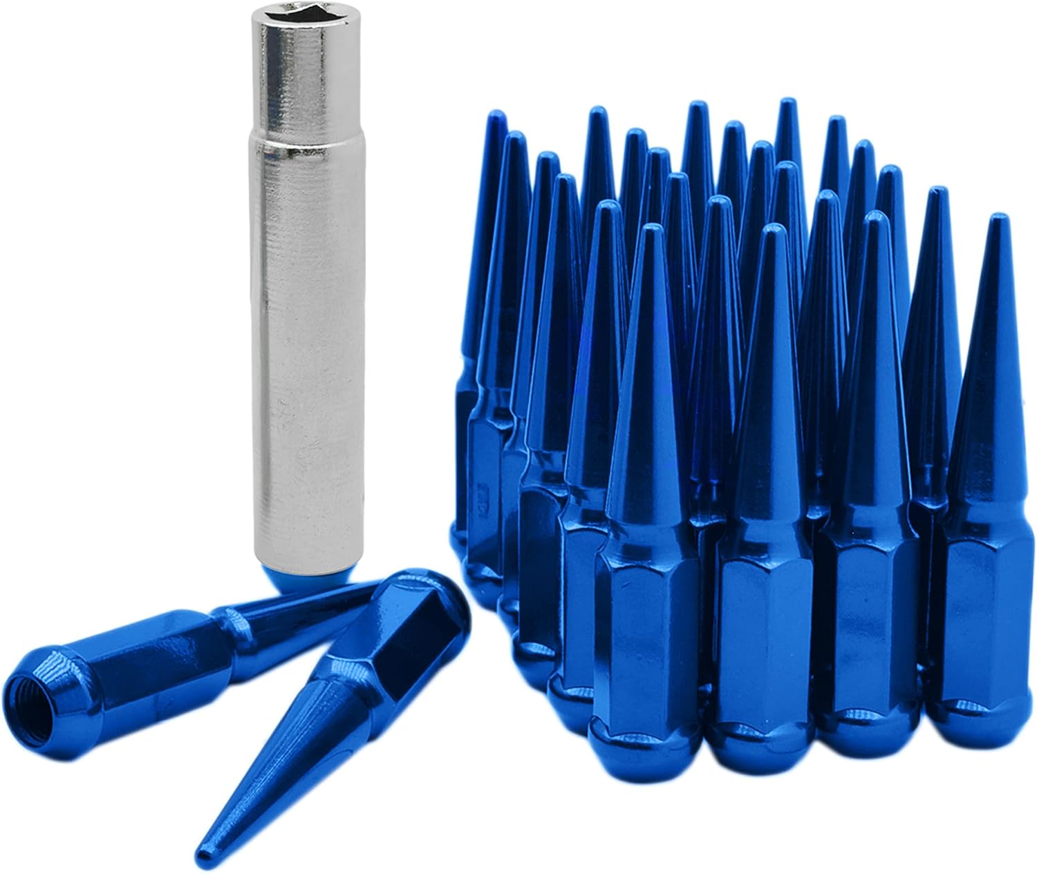 (24) Blue Spike 4.5" Tall 14x1.5 Thread Security Locking Lug Nuts with Special Design Socket Compatible with Chevy Silverado Tahoe Suburban