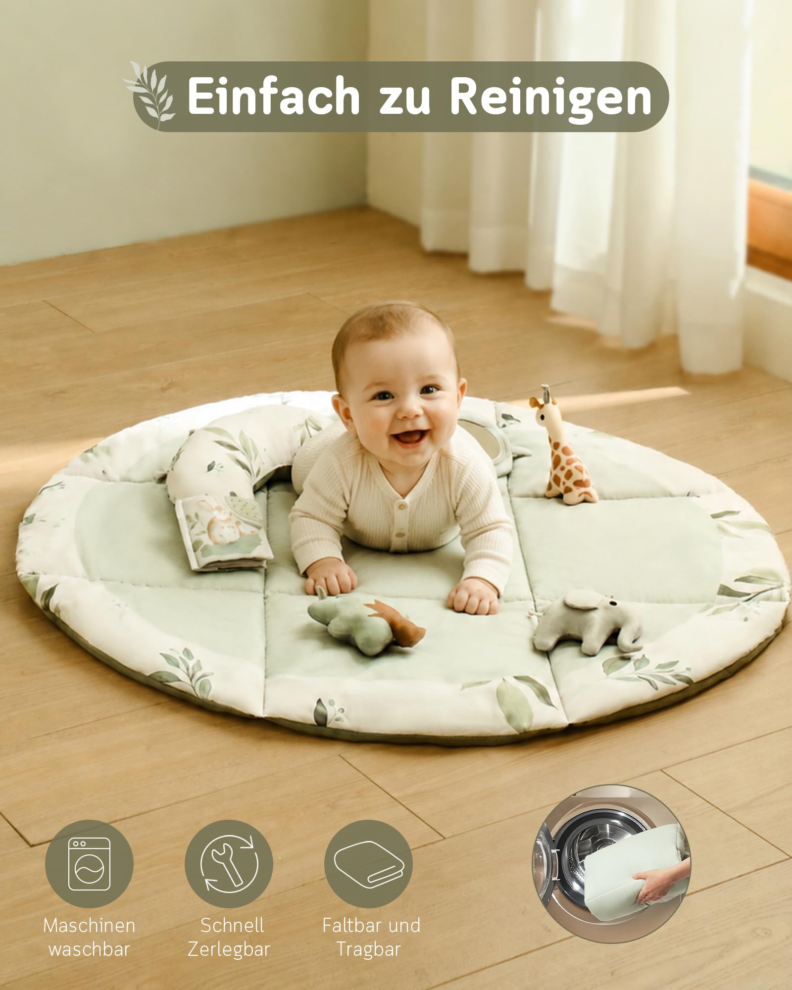 Fortella Spielbogen Baby, Spielmatte mit Bauchzeit Kissen und 5 Sensorik Spielzeug Abnehmbarem,Naturthemen Krabbeldecke für Babys ab der Geburt, Neugeborene & Kinder, 0-6-9-12 Monate-Salbeigrün