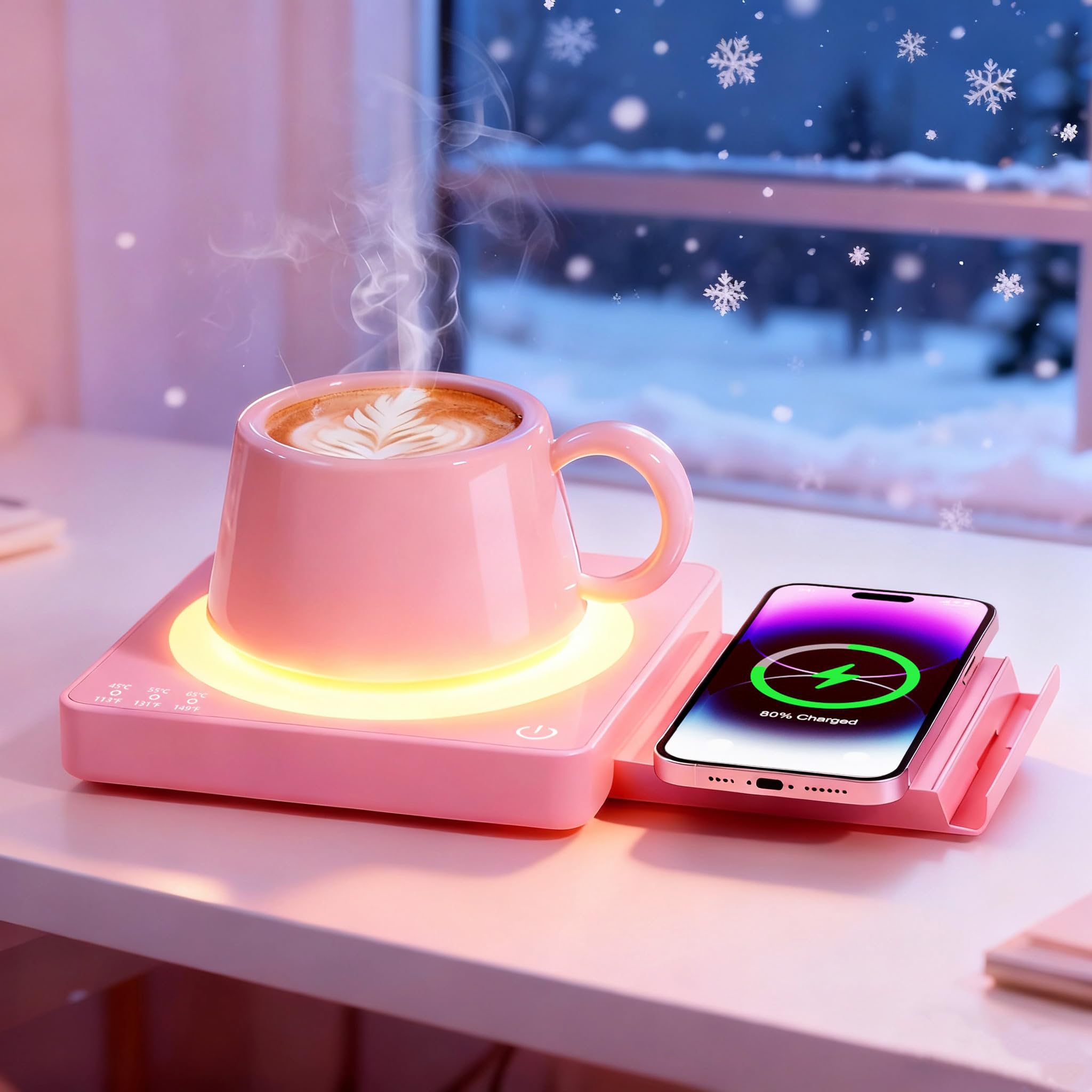 Coffee Mug Warmer for Desk with 15W Wireless Charging Pad, Electric Cup Warmer 3 Temp Settings, Smart Candle Heat Plate, Home Office & Coffee Lover Gifts for Women Valentine's Day Gift for Her, Pink