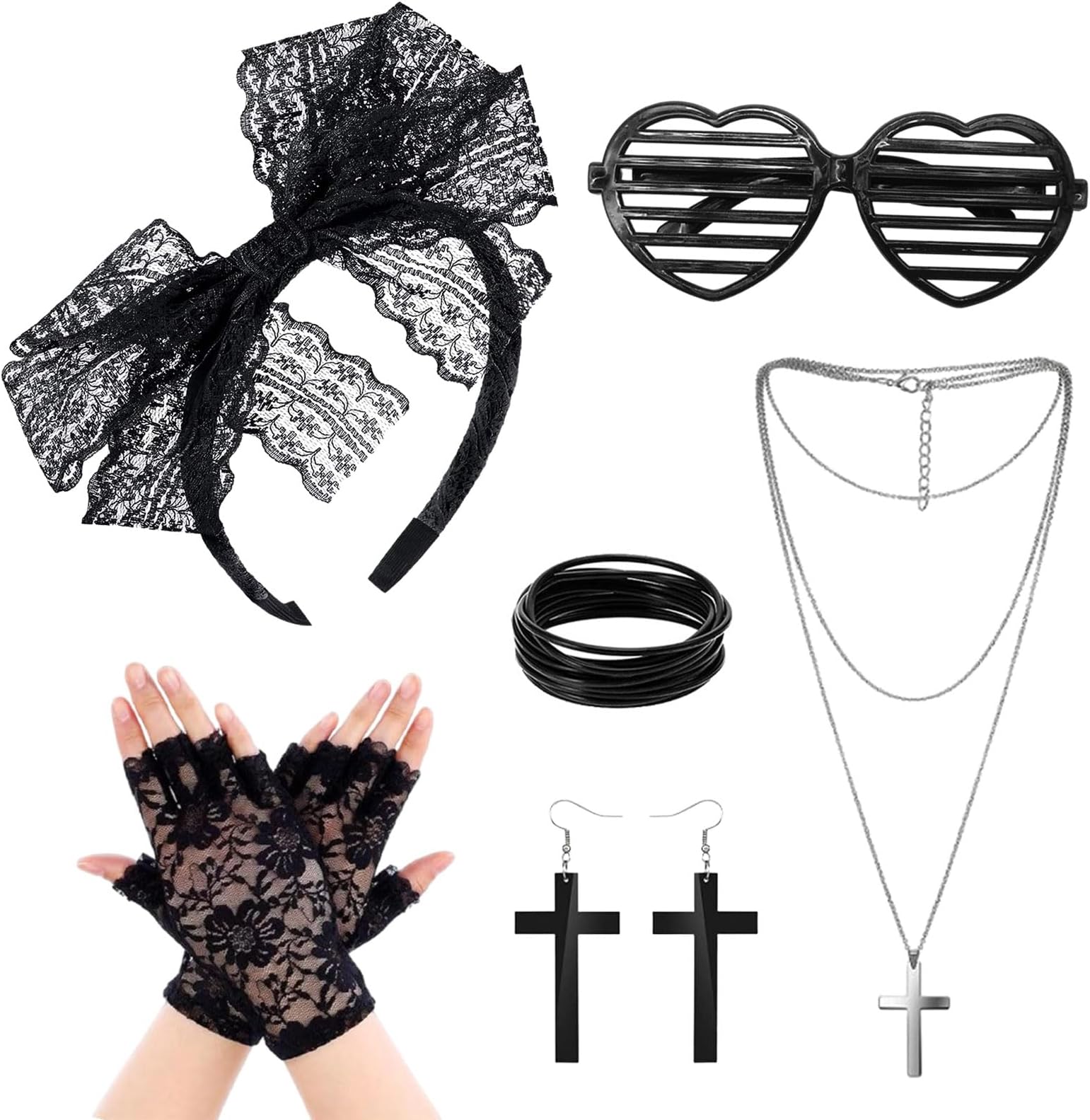 UILYNIUPack of 6 80s Costume for Women Lace Headband Black Earrings Lace Gloves 80s Retro Party Necklace Bracelet Heart Glasses 80s Accessories 80s Costume Accessories for