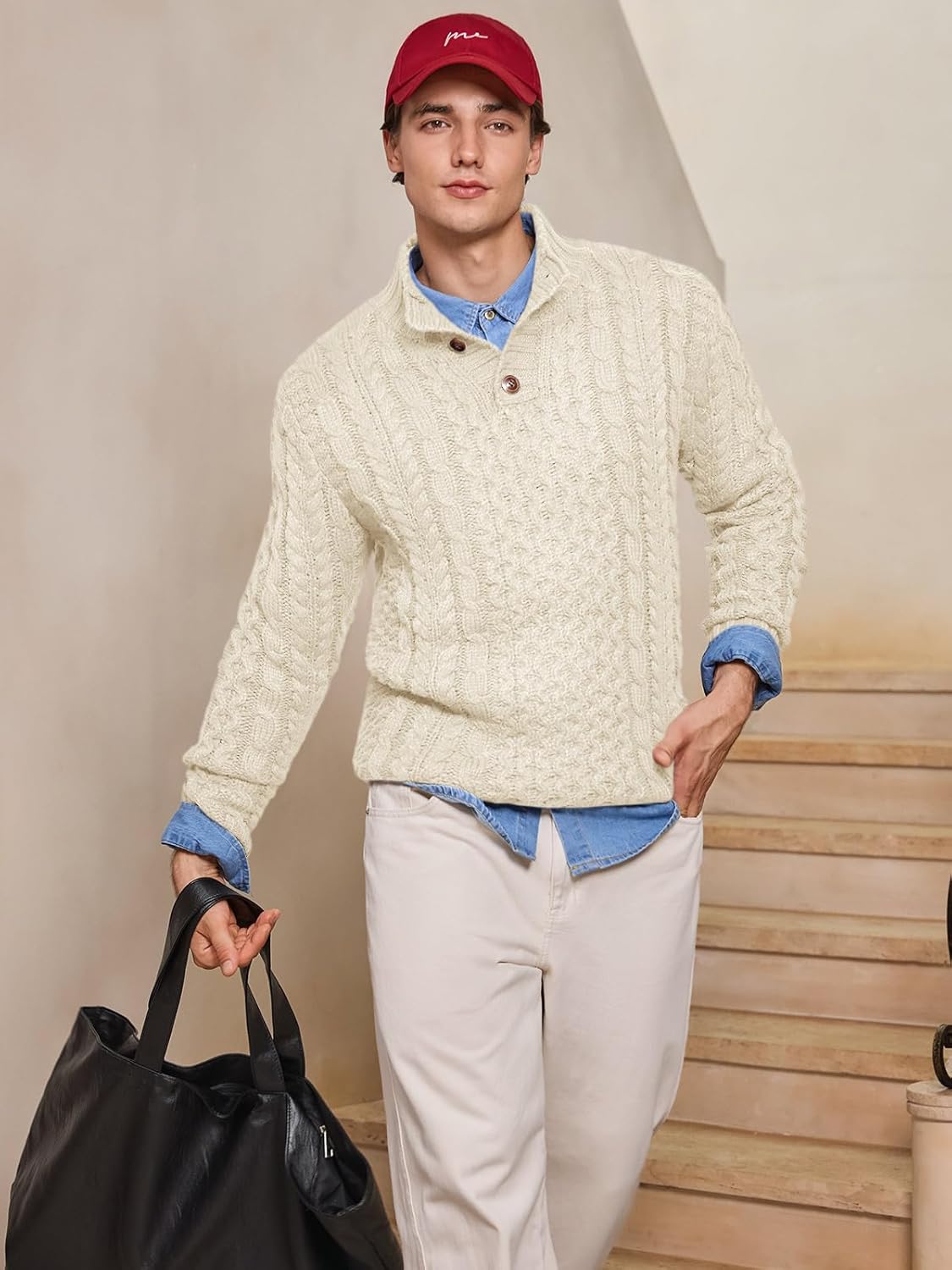 Bbalizko Mens Stand Collar Pullover Sweater Cable Knitted Chunky Winter Fashion Buttons Twisted Thermal Sweaters - Image 4